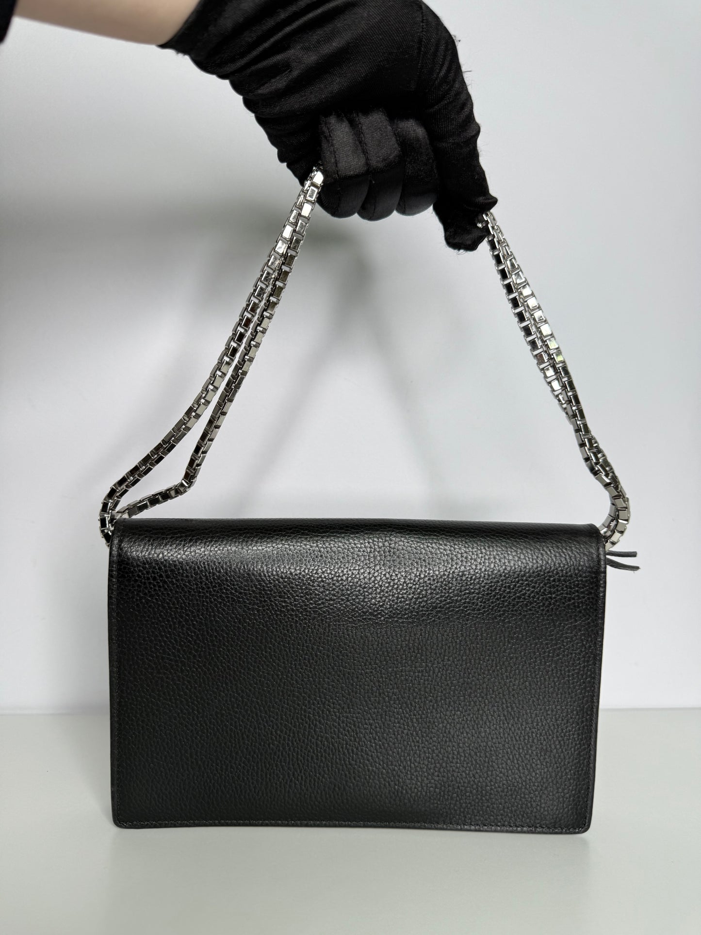 Balenciaga Grained Black Calfskin Silver Hardware Wallet on Chain