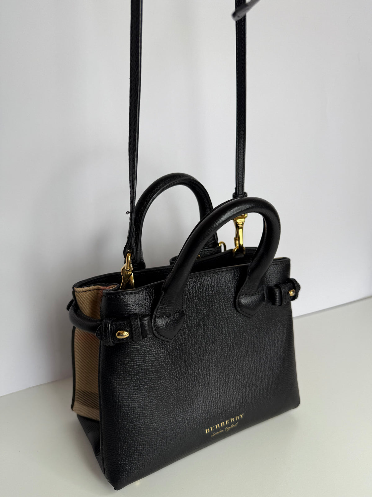 Burberry Baby Banner Black Leather House Check Tote Bag