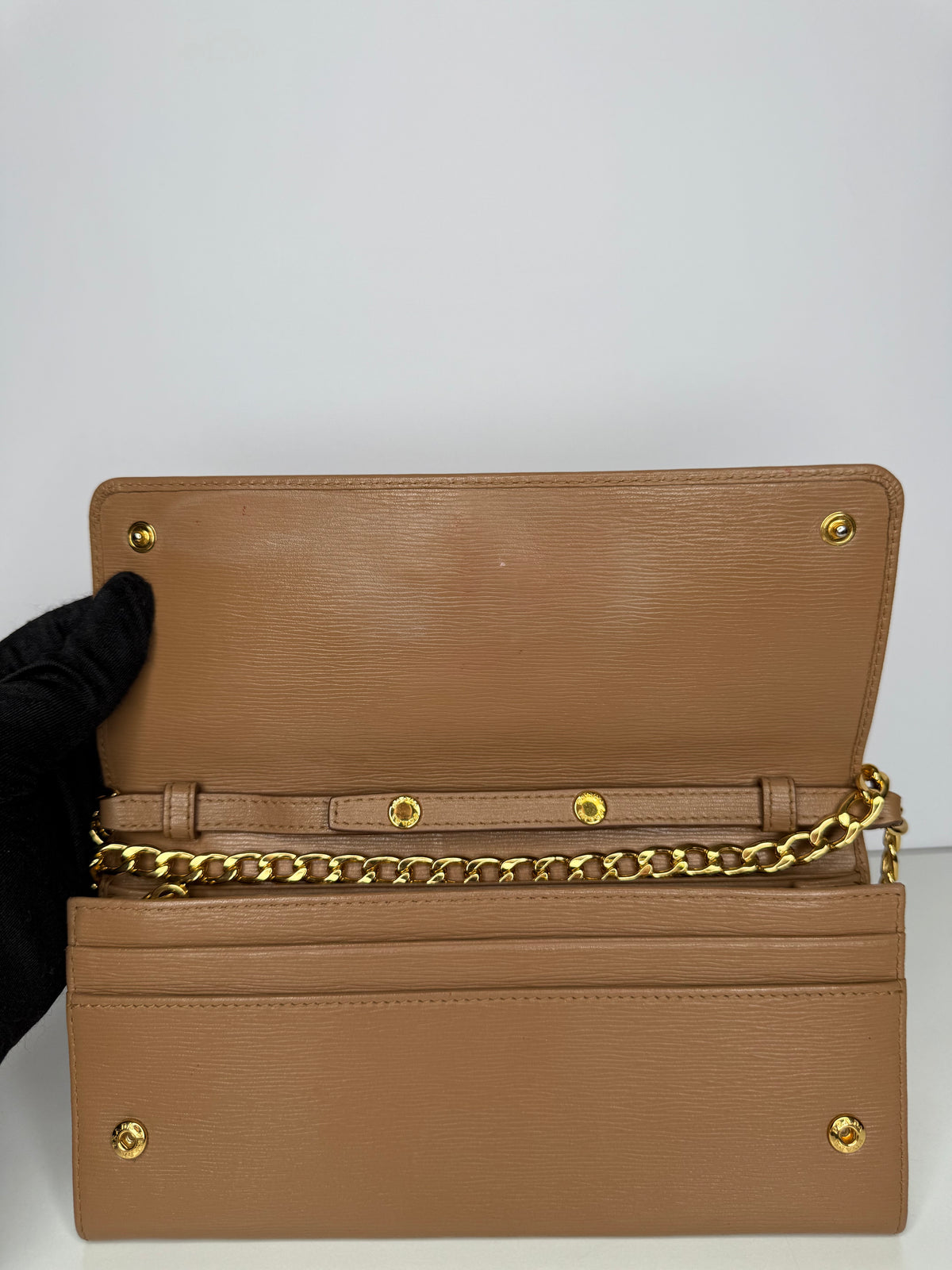 Prada Tan Vitello Move Leather Wallet on Chain