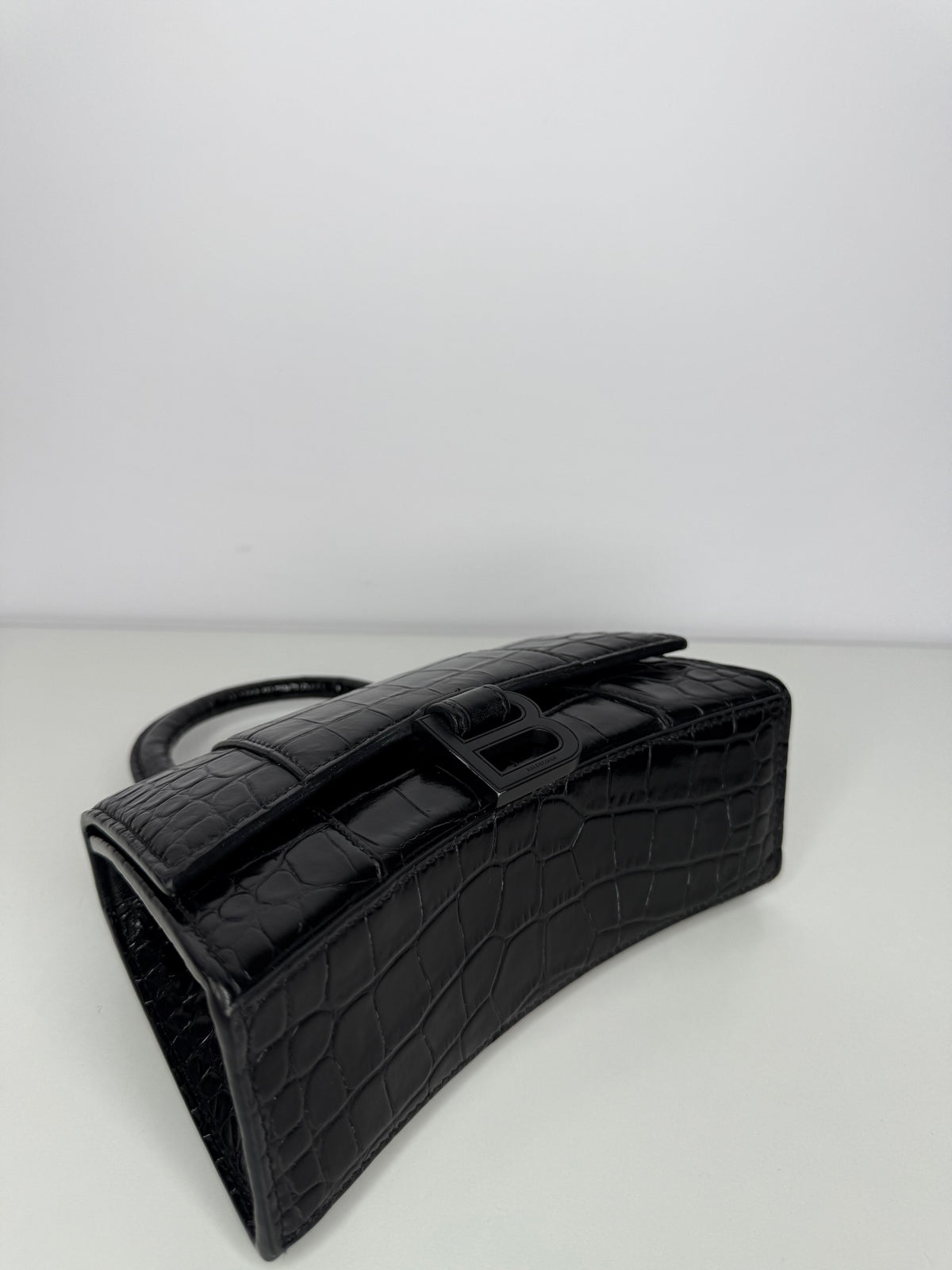 Balenciaga XS Hourglass Croc Embossed Bag Black