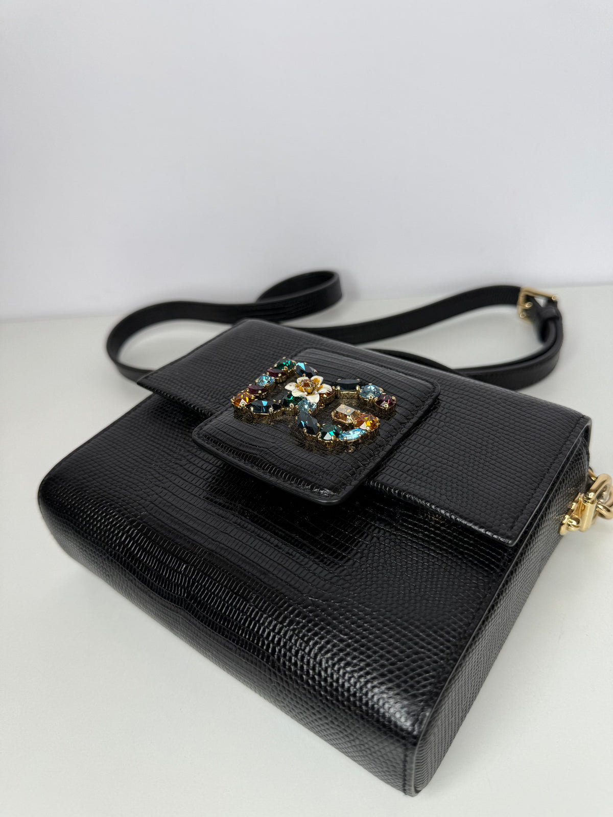 Dolce Gabbana Mini Millennials Black Iguana Leather DG Crystals Crossbody Bag