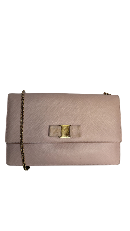 Salvatore Ferragamo Light Pink Leather Vara Bow Chain Shoulder Bag
