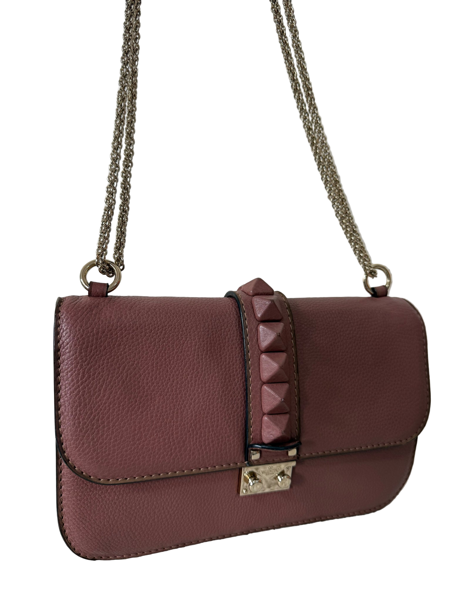 Valentino Garavani Old Rose Leather Rockstud Glam Lock Medium Flap Bag