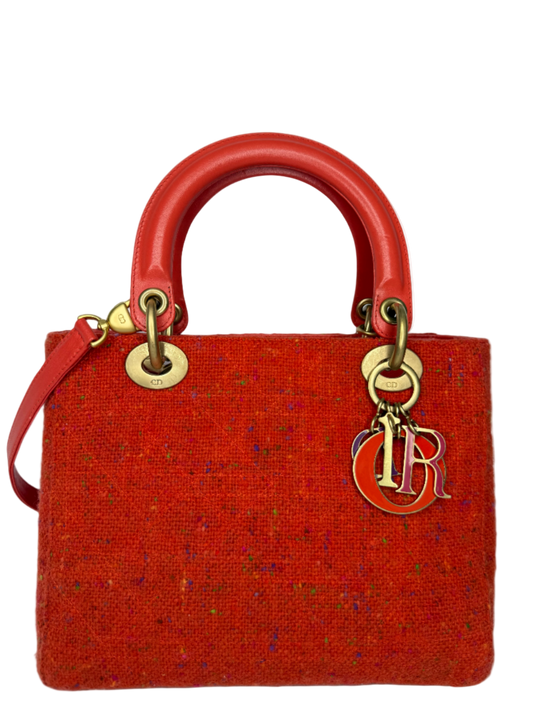 Christian Dior Vintage Orange Tweed Lady Dior Medium Bag