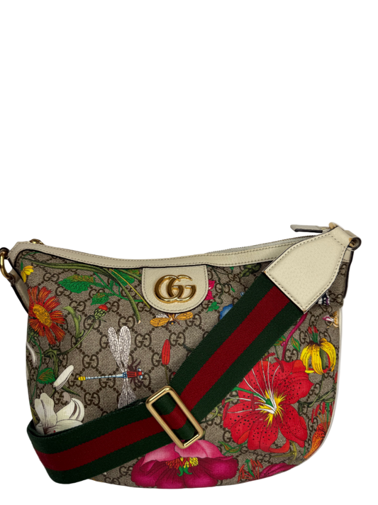 Gucci Ophidia Half Moon Hobo Flora GG Coated Canvas Small