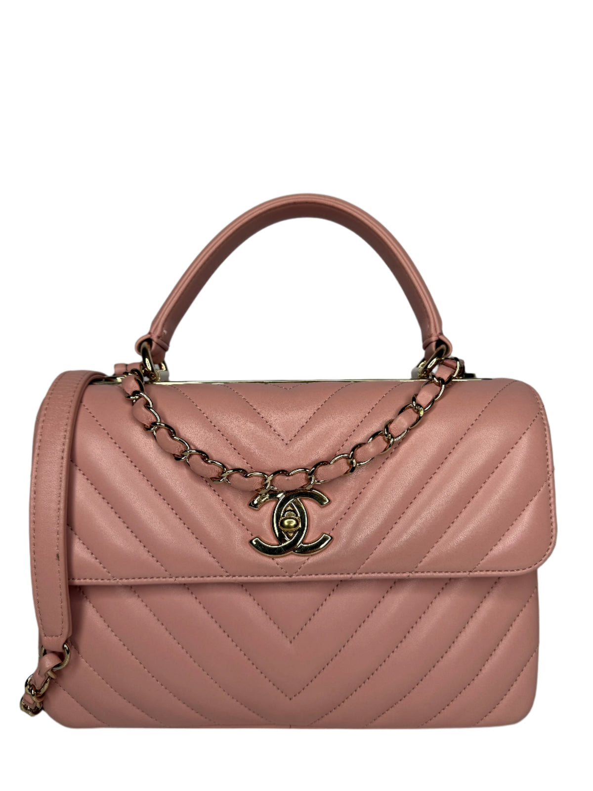 Chanel Small Trendy CC Light Pink Lambskin Chevron Quilted Top Handle Bag