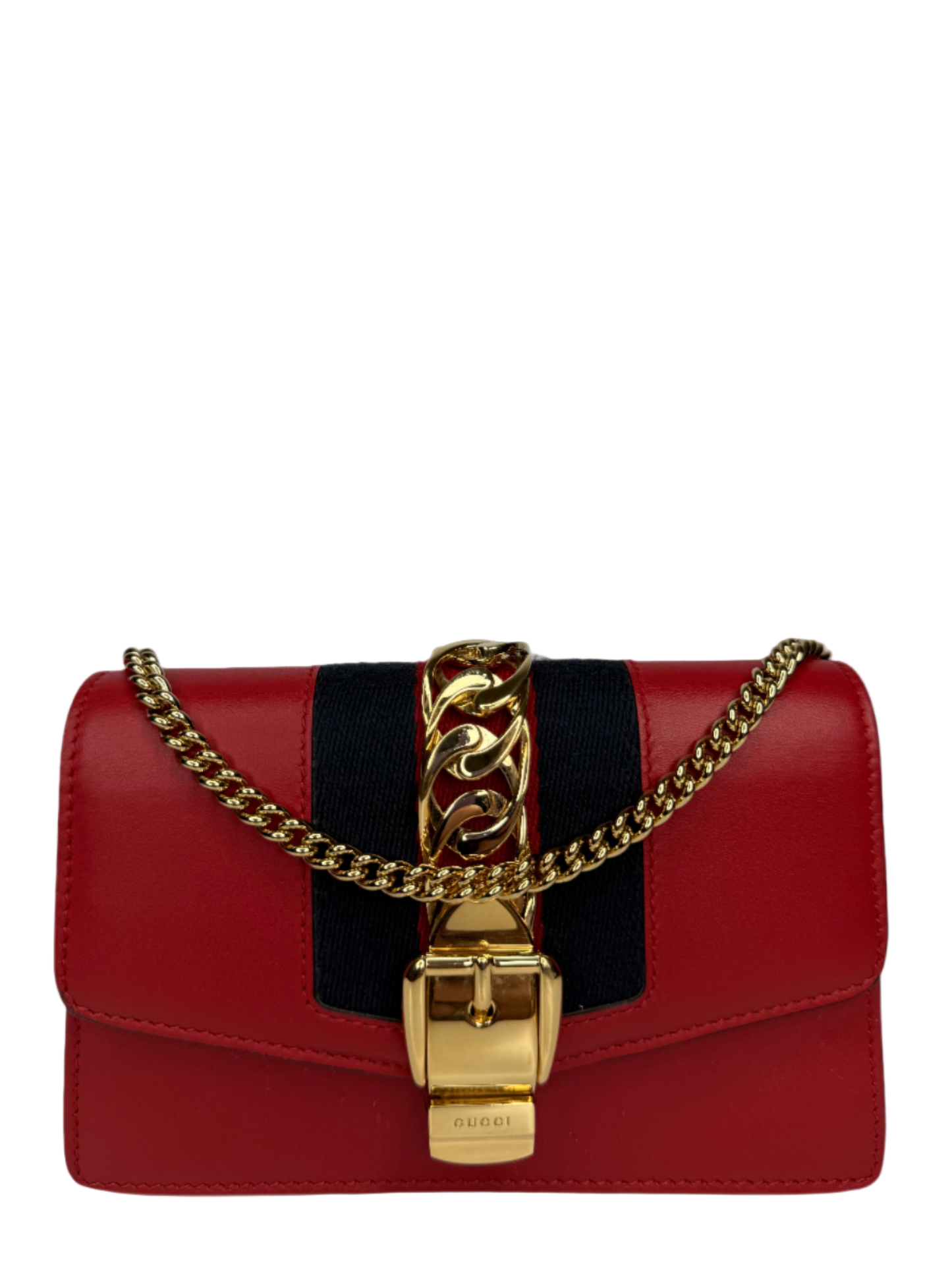 Gucci Mini Sylvie Red Leather Web Signature Chain Crossbody Bag