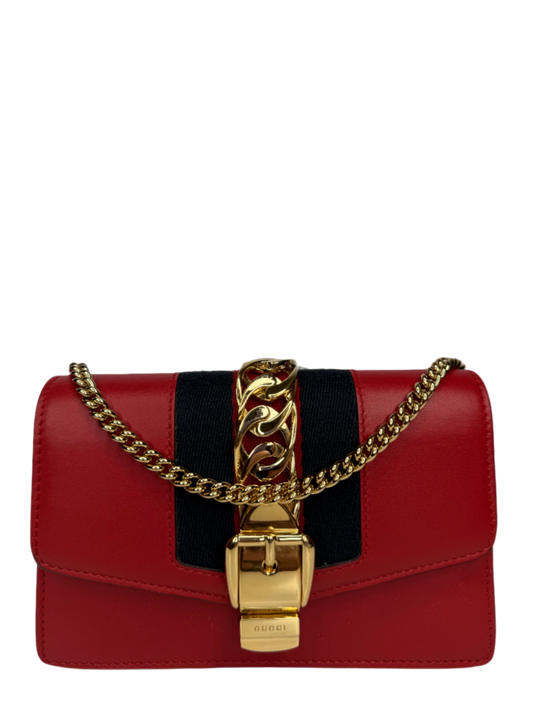 Gucci Mini Sylvie Red Leather Web Signature Chain Crossbody Bag
