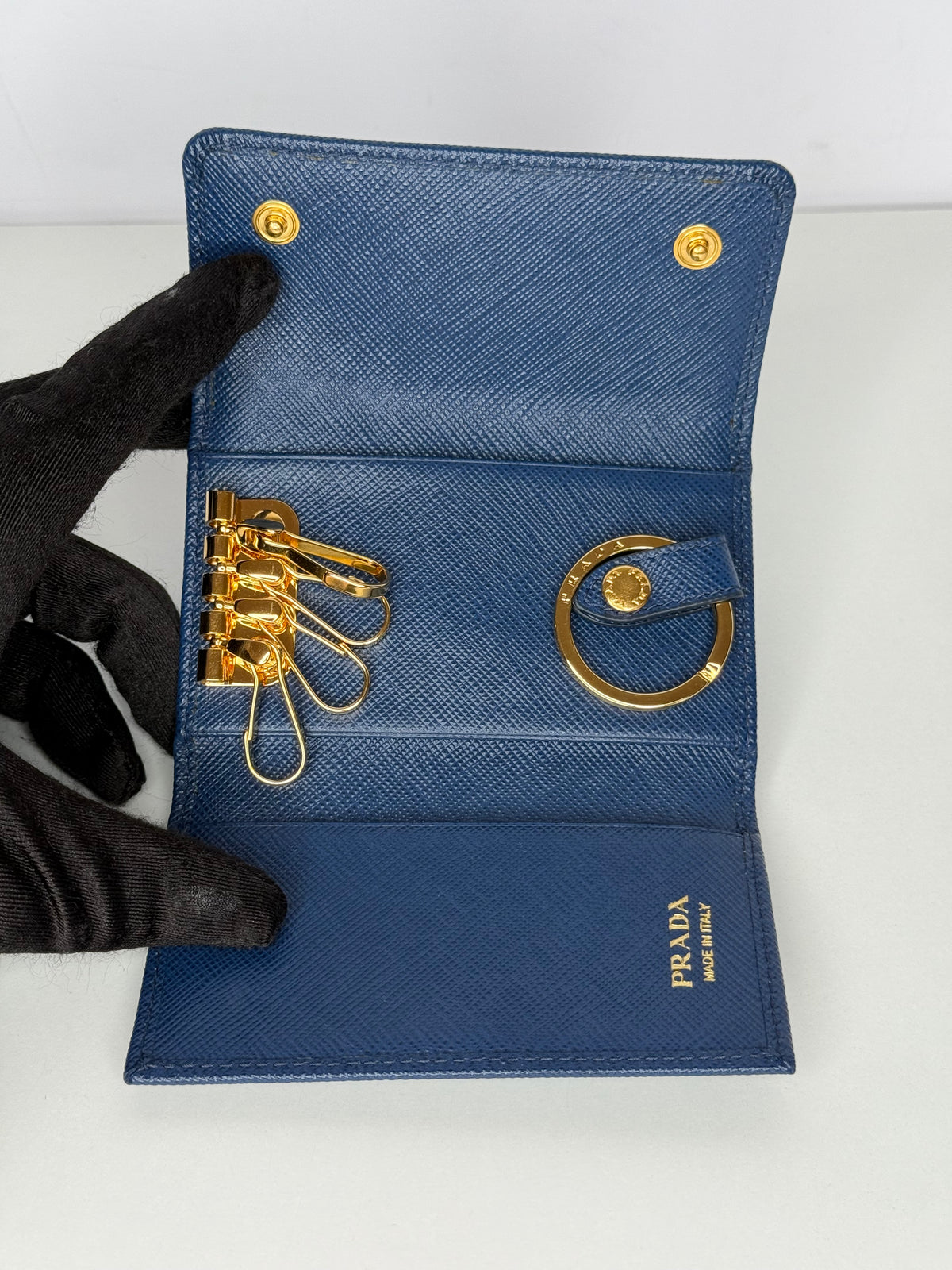 Prada Blue Saffiano Leather Snap Key Holder