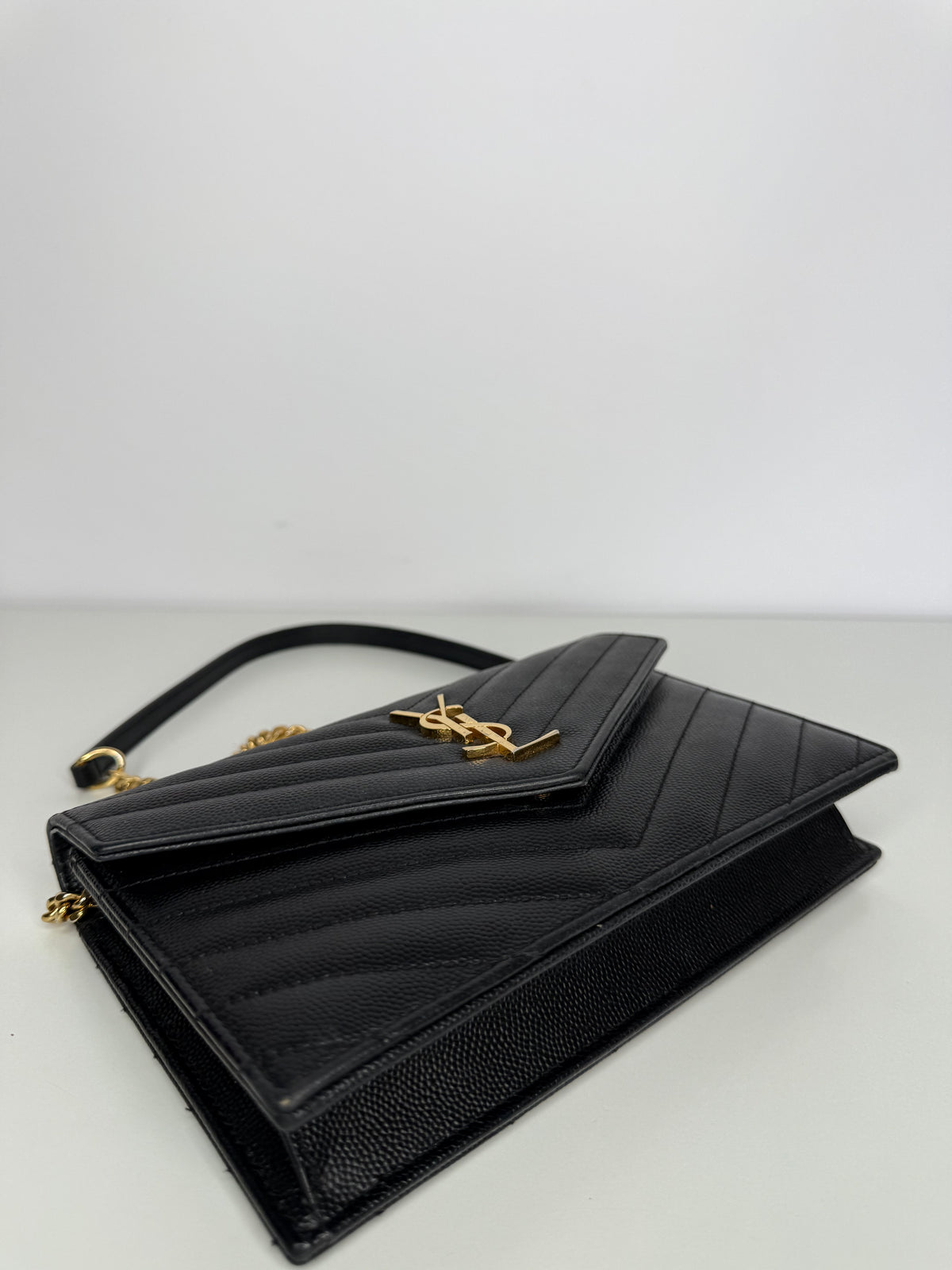 Saint Laurent Cassandre Envelope Black Grain De Poudre Leather Wallet on Chain