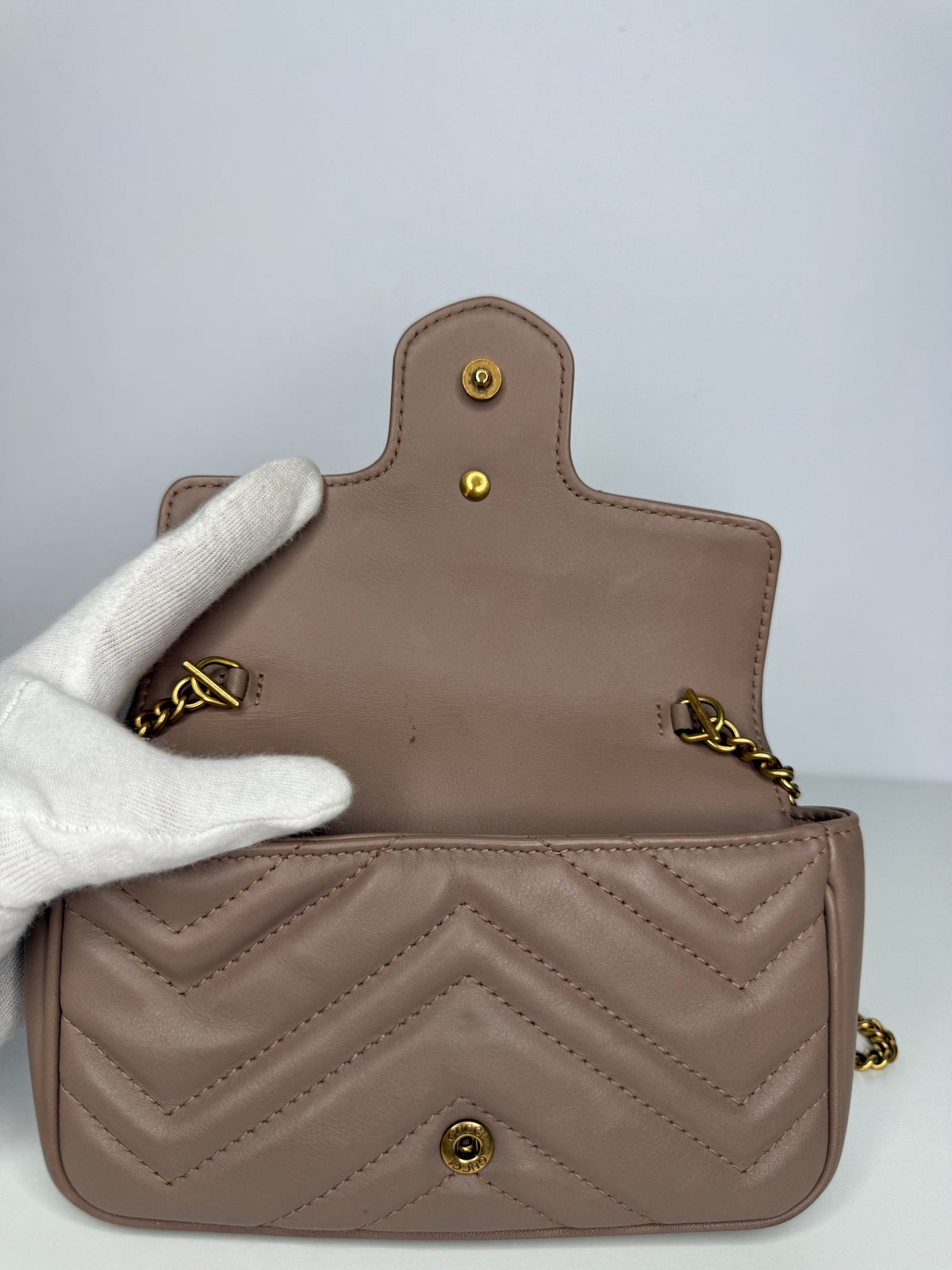 Gucci Calfskin Matelasse Super Mini GG Marmont Shoulder Bag Porcelain Rose