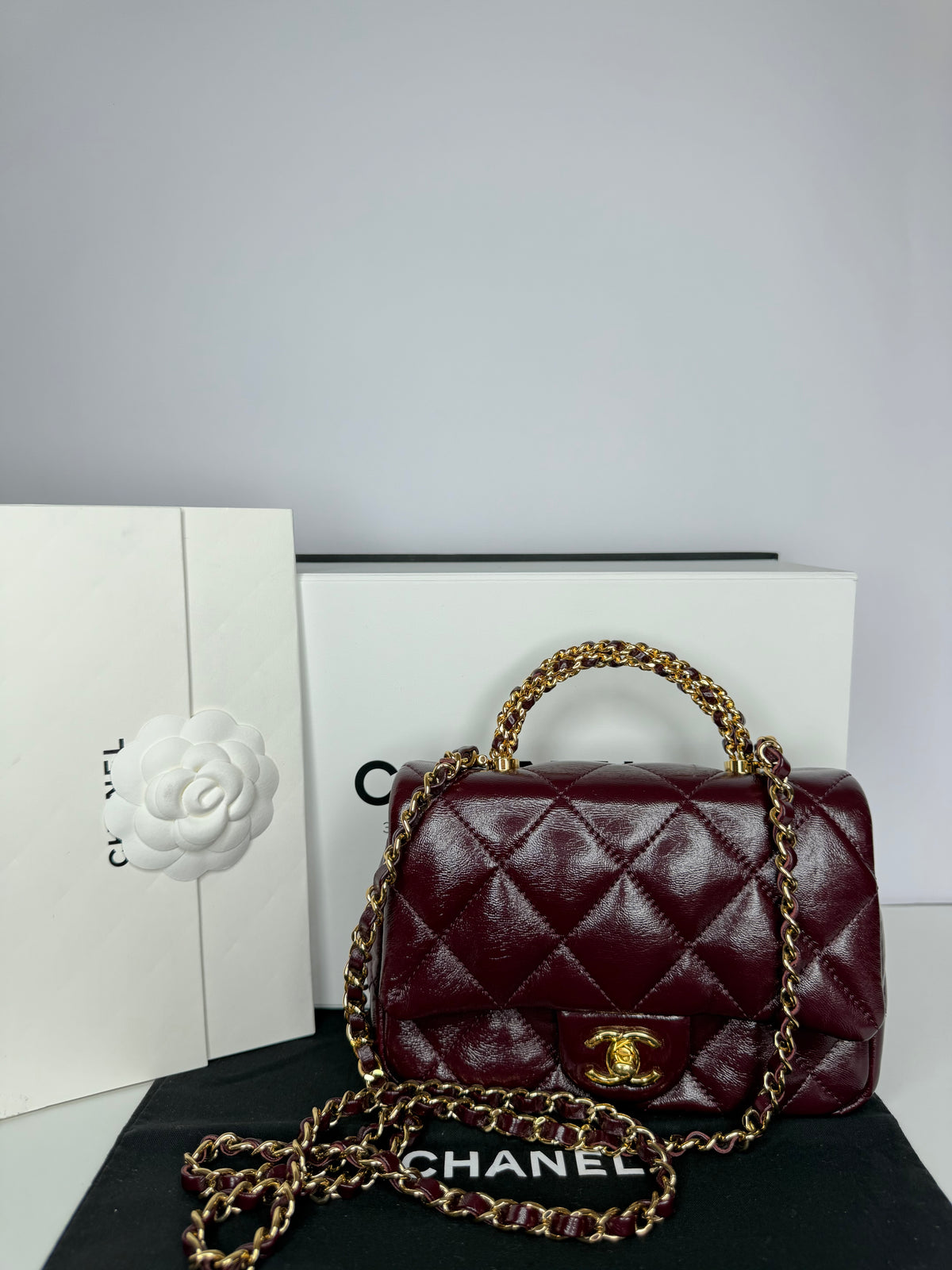 Chanel Mini Top Handle Flap Bag in Burgundy Quilted Leather Gold Hardware