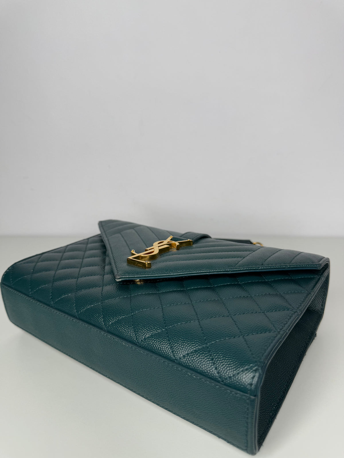 Saint Laurent Envelope Medium Quilted Grain De Poudre Green Leather