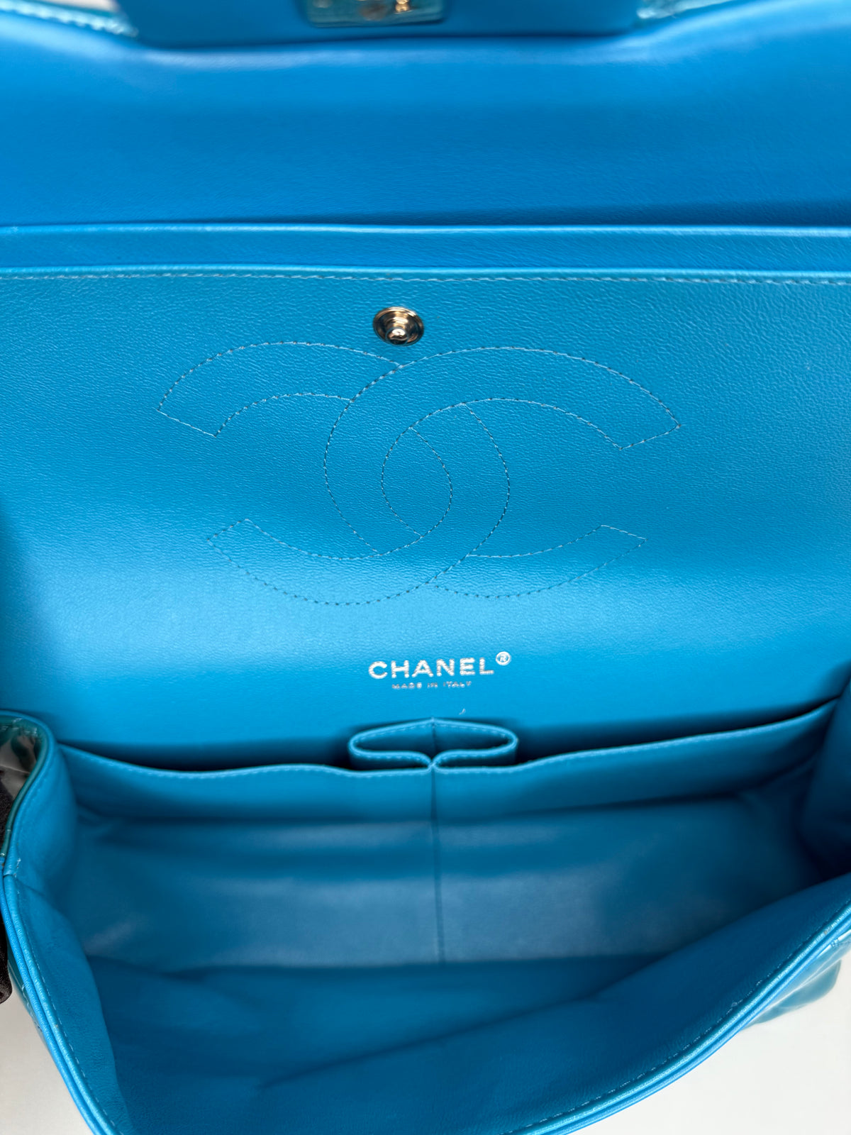 Chanel Blue Classic Jumbo Double Flap Quilted Patent Leather Bag