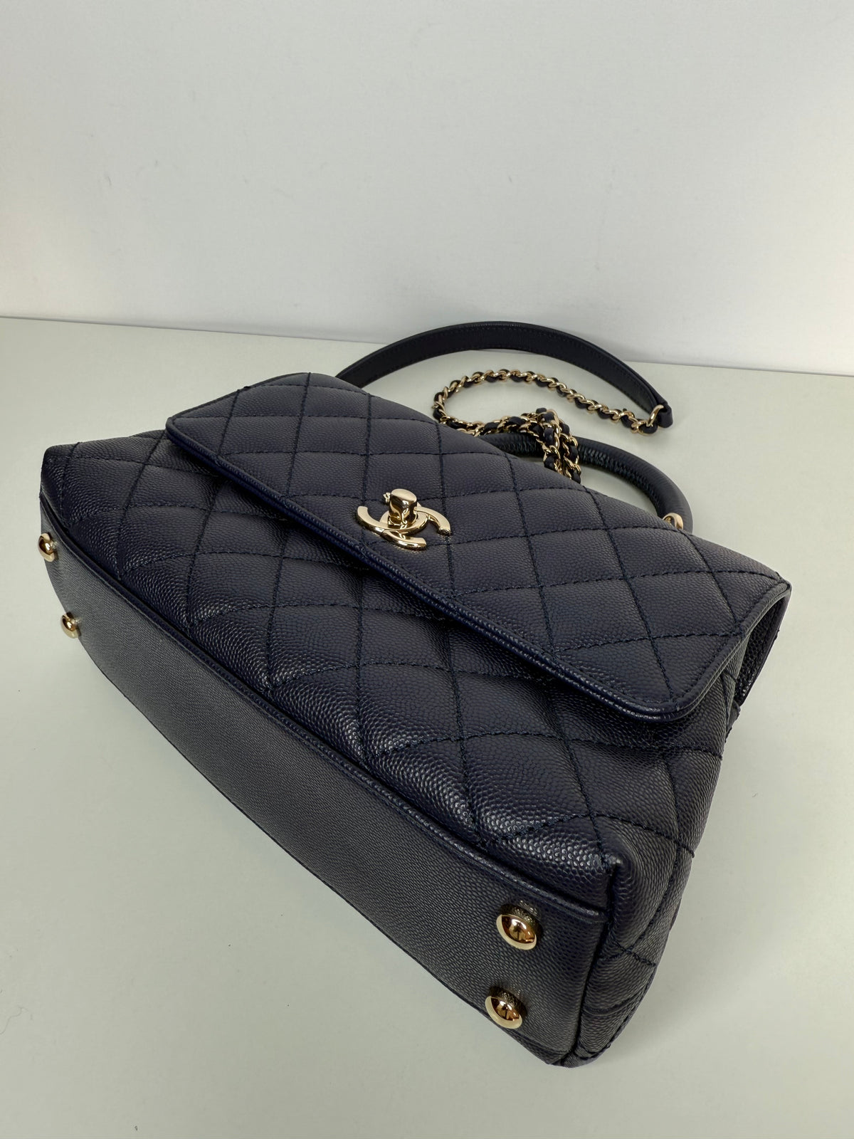 Chanel Coco Handle Small Blue Caviar with Lizard Top Handle