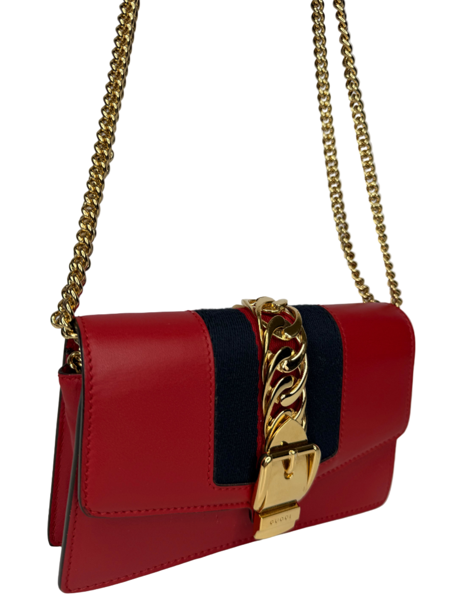 Gucci Mini Sylvie Red Leather Web Signature Chain Crossbody Bag