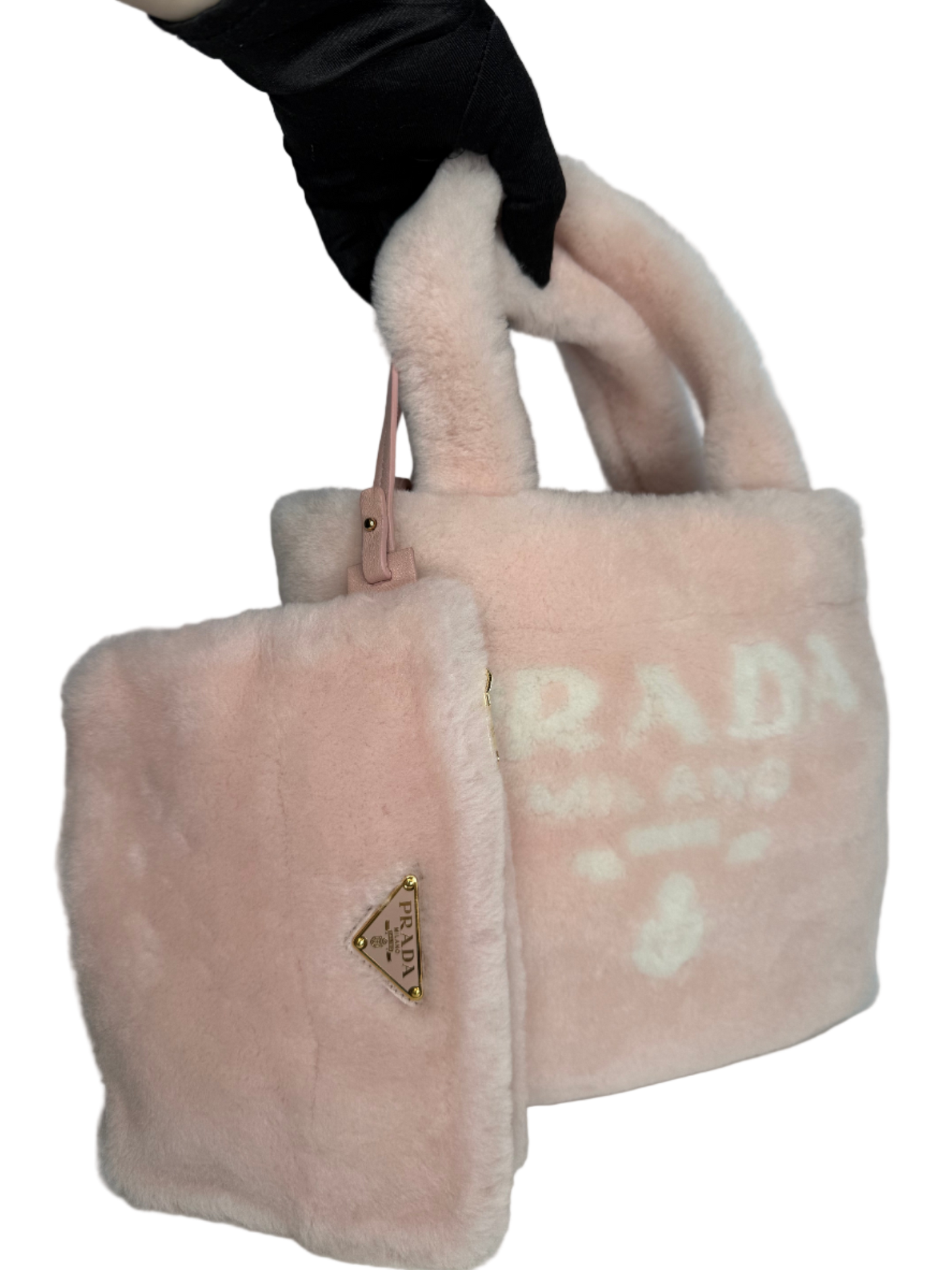 Prada Terry Pink Shearling Small Tote with Pouch