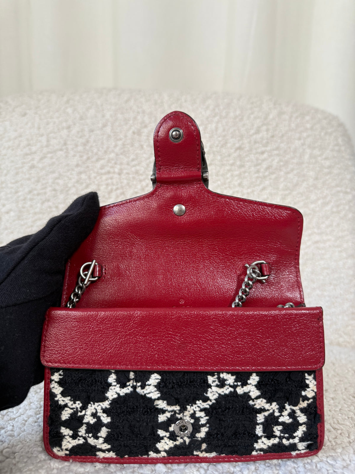 Gucci Red/Black GG Tweed Super Mini Dionysus Chain Bag