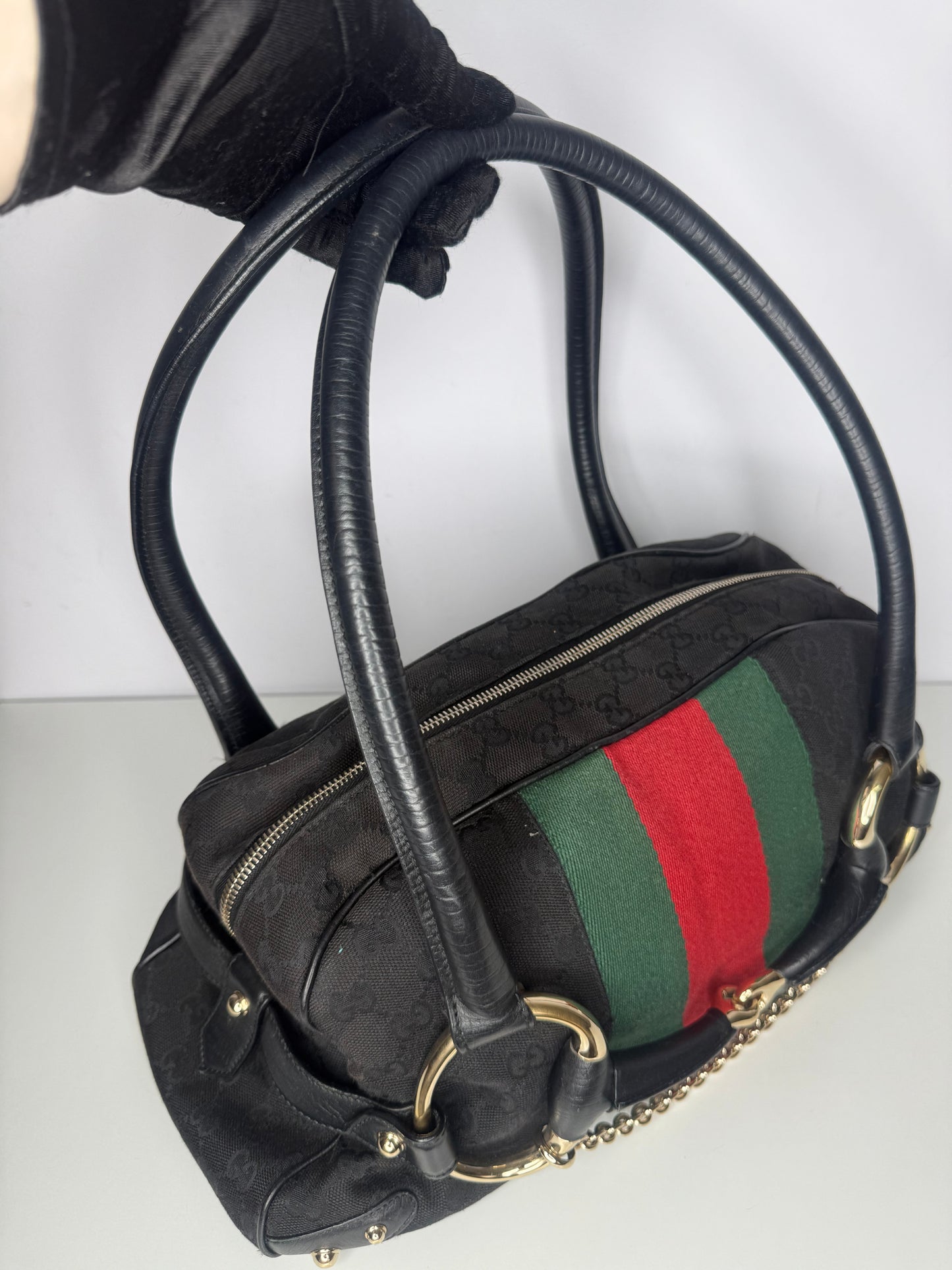 Gucci Black GG Canvas and Leather Web Horsebit Satchel