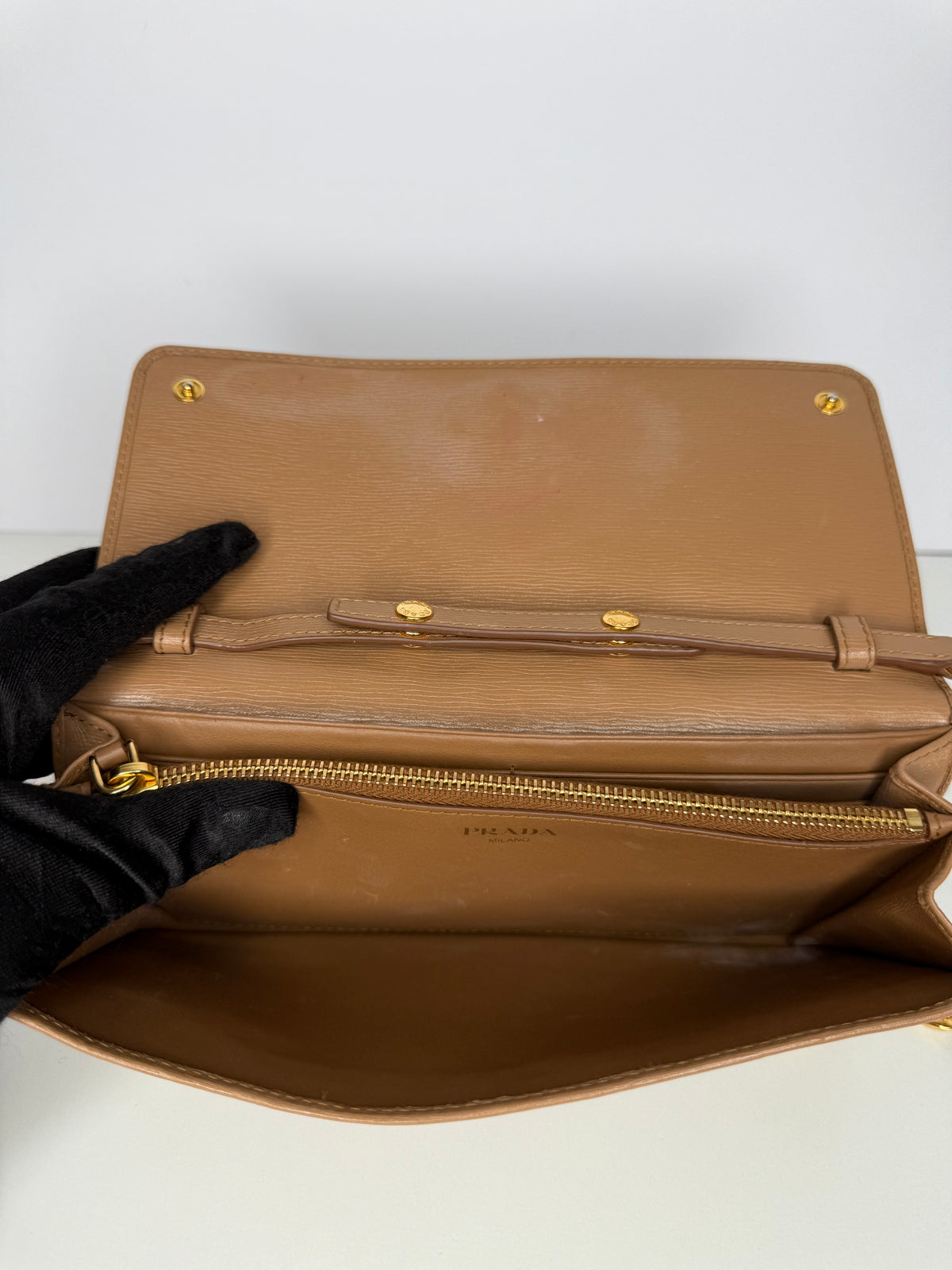 Prada Tan Vitello Move Leather Wallet on Chain