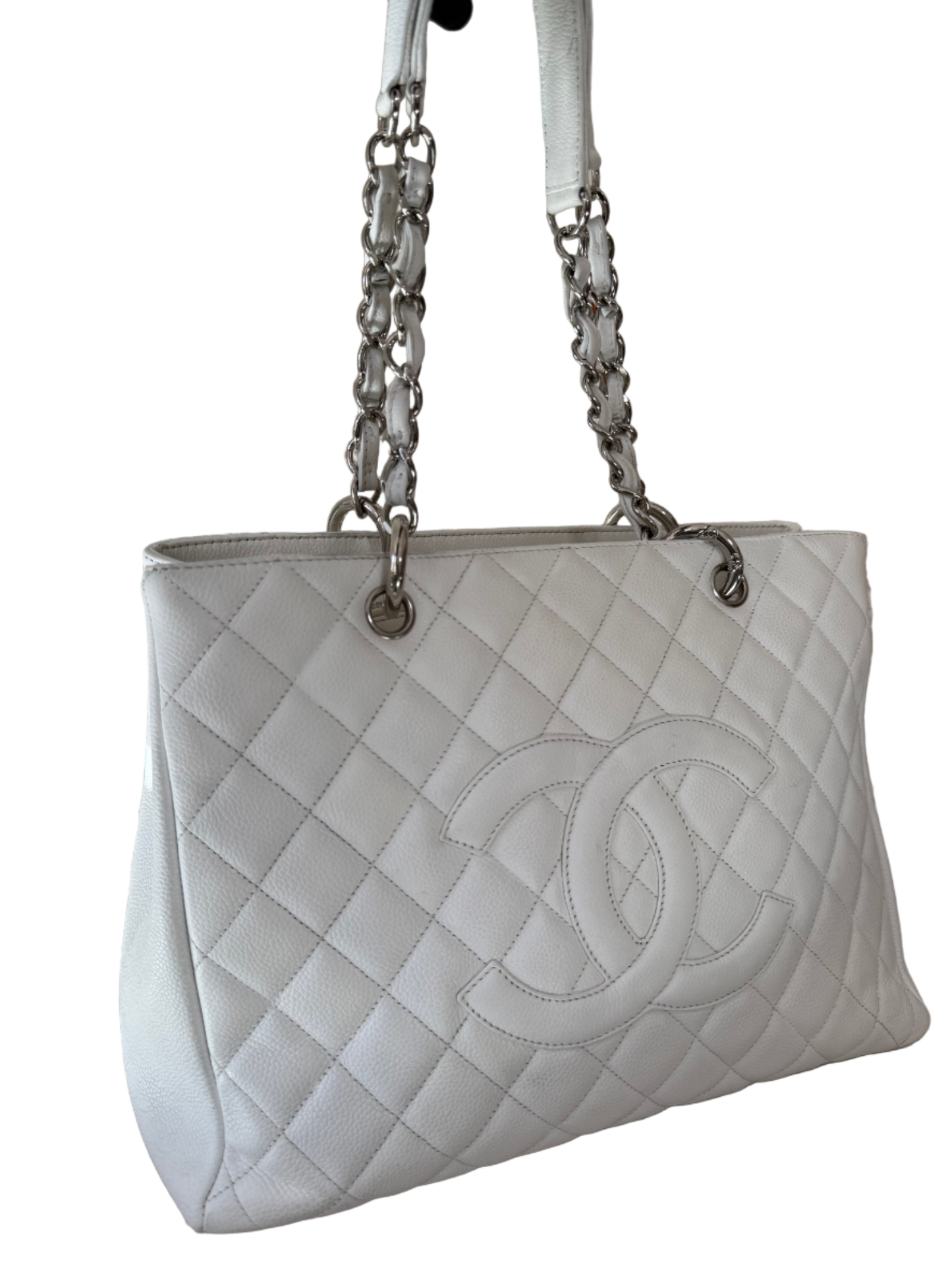 Chanel White Quilted Caviar Leather Grand Shopping Tote
