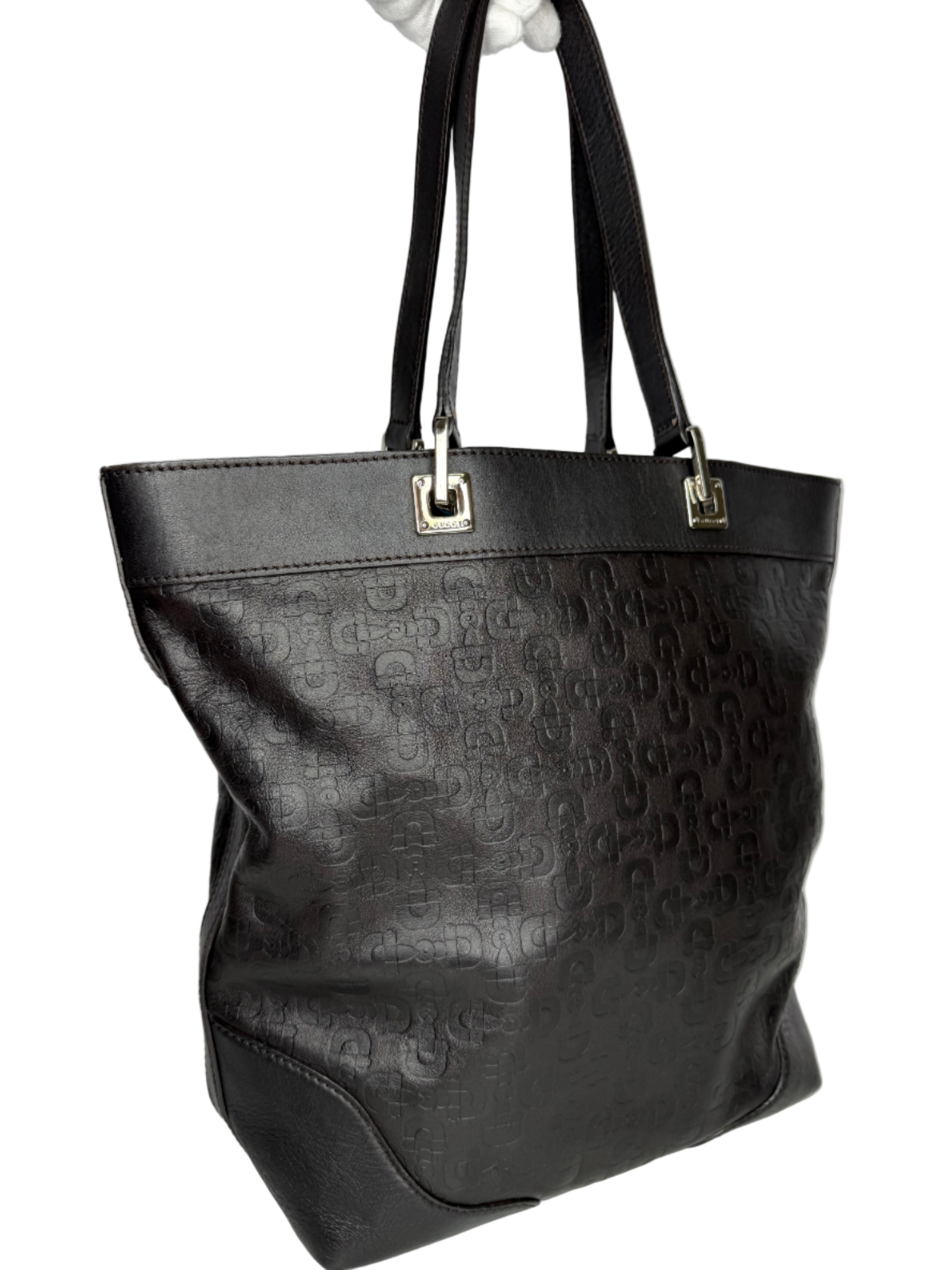 Gucci Black Embossed Leather Horsebit Tote Bag