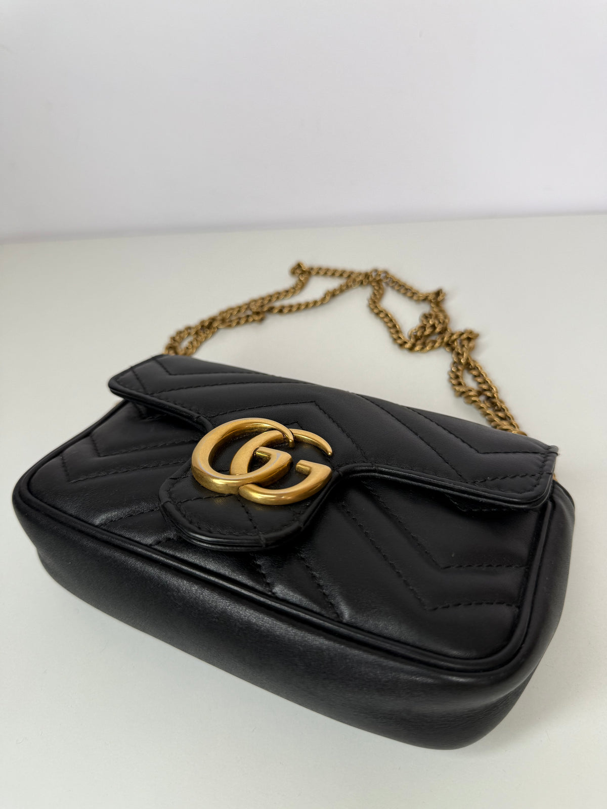 Gucci Black Calfskin Matelasse Super Mini GG Marmont Shoulder Bag