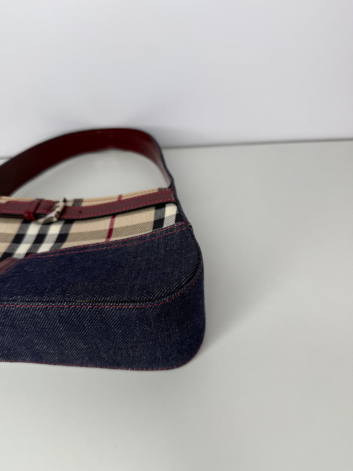 Burberry House Check Canvas Burgundy Buckle with Denim Pocket Detail Pochette