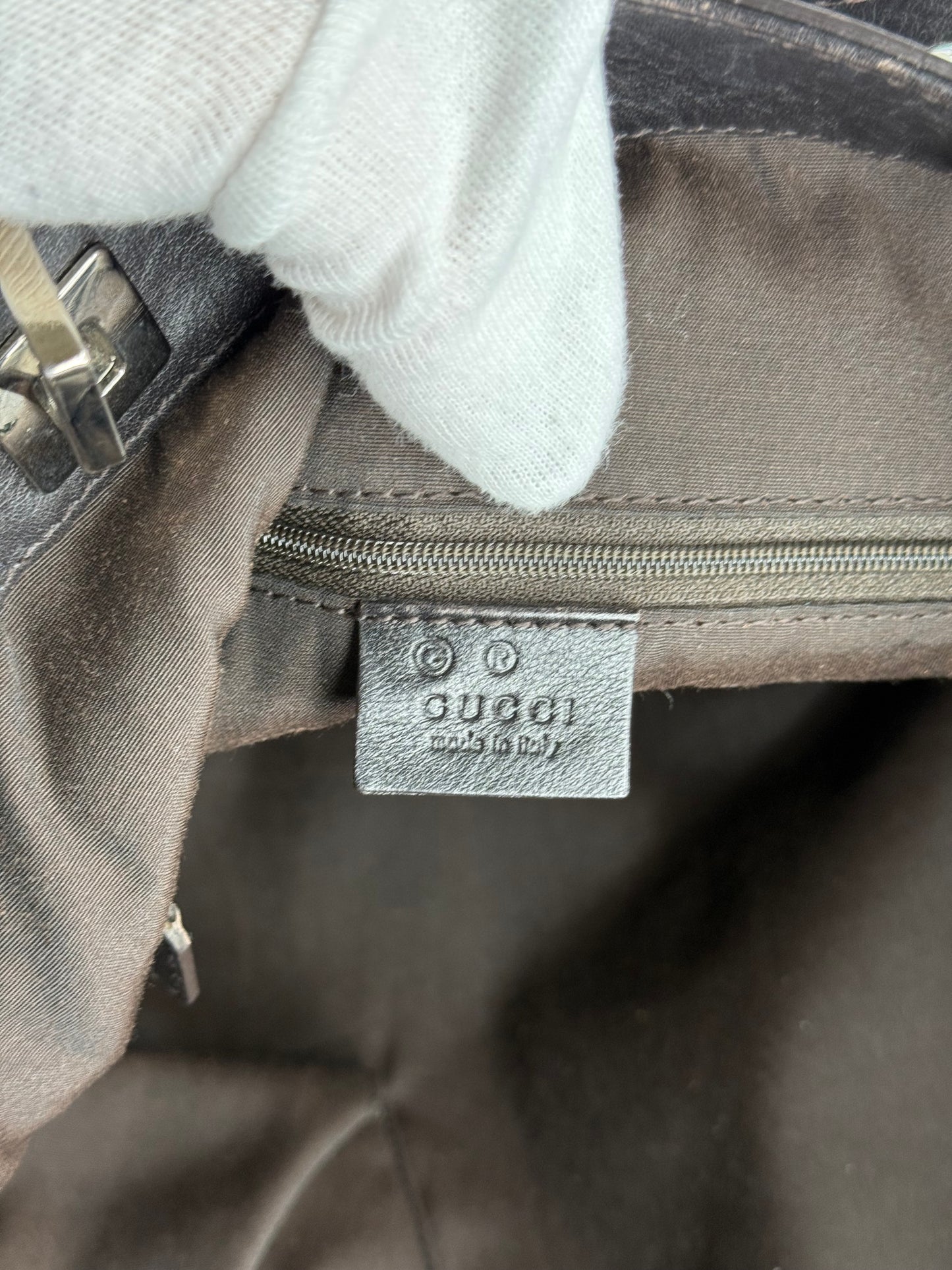 Gucci Black Embossed Leather Horsebit Tote Bag