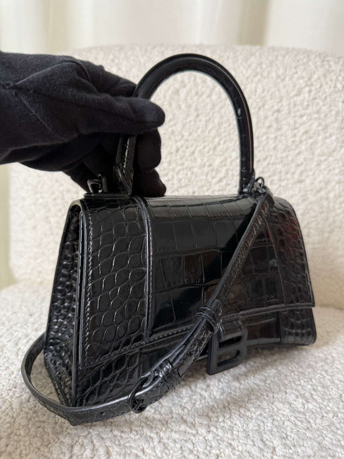 Balenciaga S Hourglass Croc Embossed Bag Black
