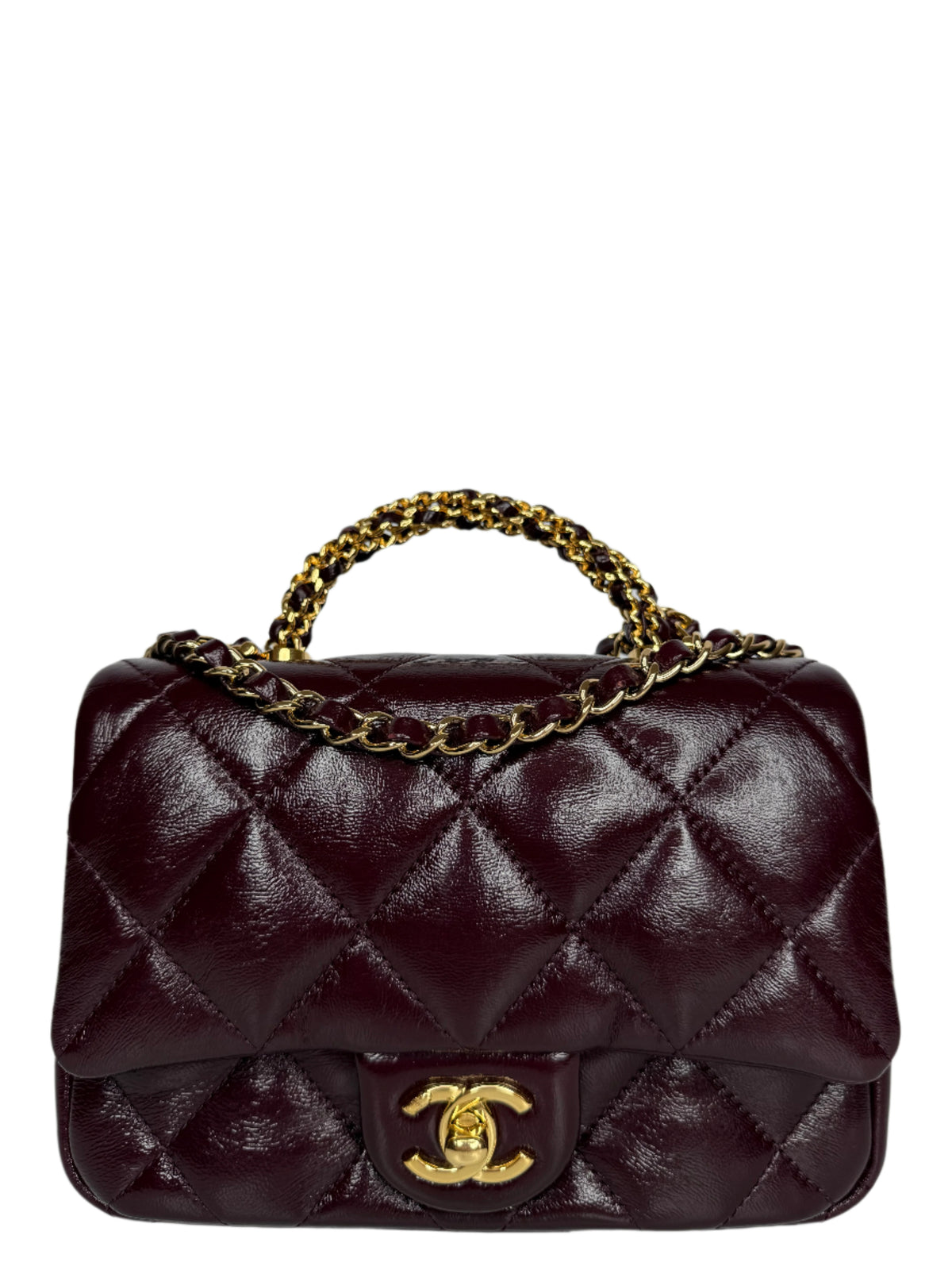 Chanel Mini Top Handle Flap Bag in Burgundy Quilted Leather Gold Hardware