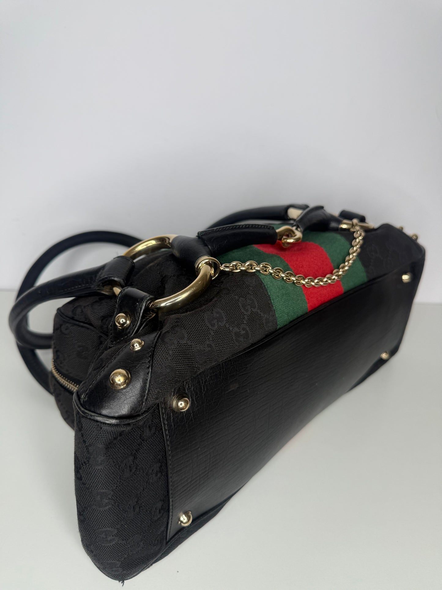 Gucci Black GG Canvas and Leather Web Horsebit Satchel