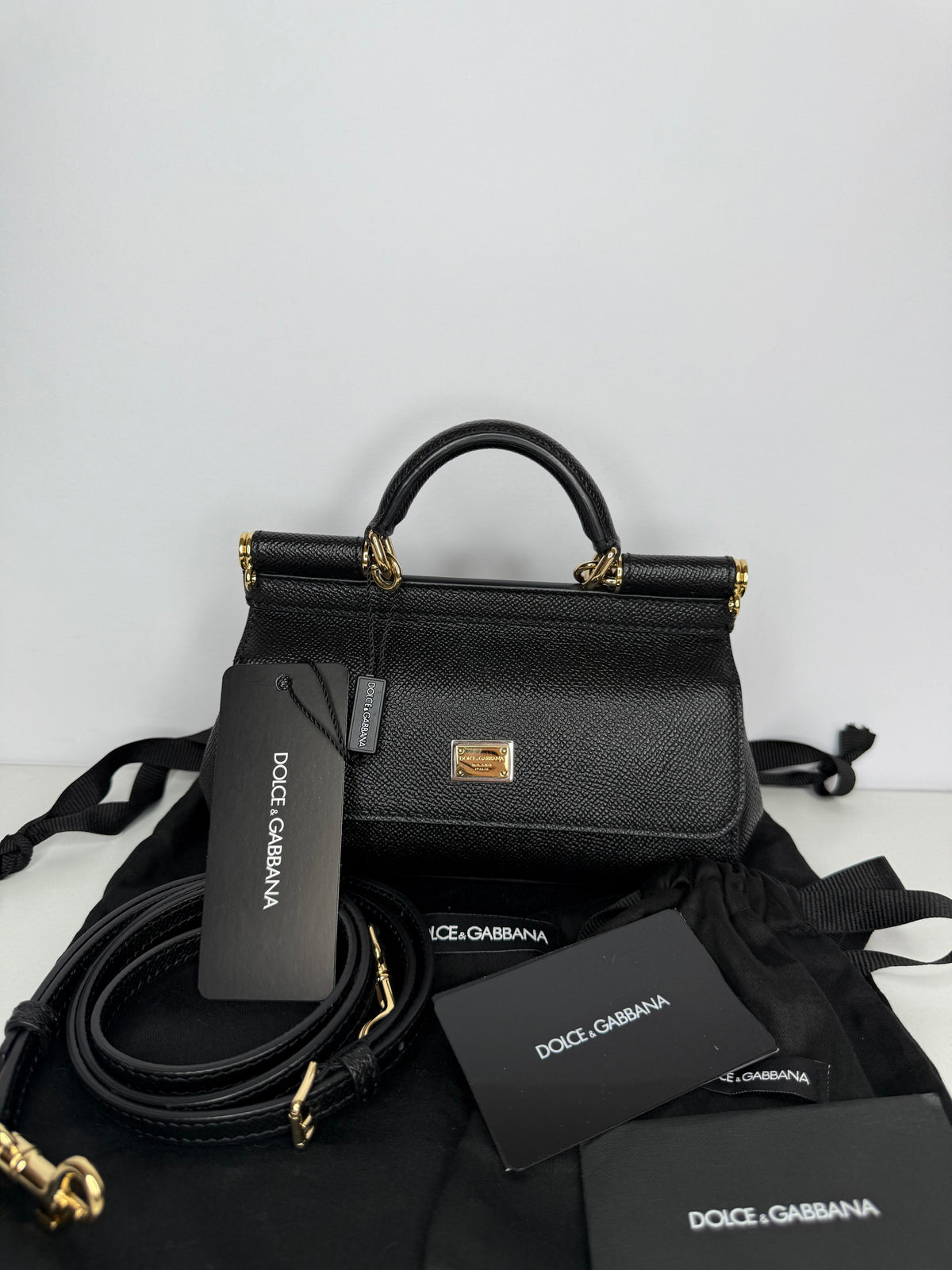 Dolce Gabbana Small Sicily Bag in Black Dauphine Calfskin Top Handle Bag