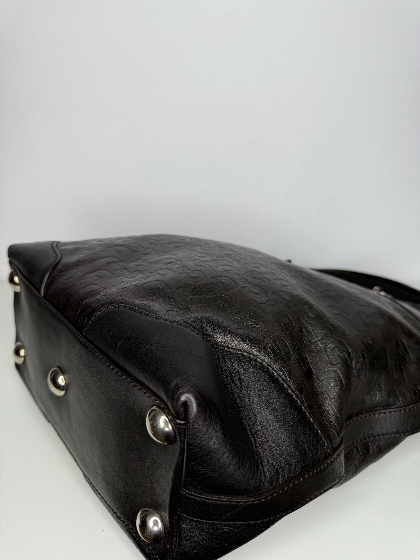 Gucci Black Embossed Leather Horsebit Tote Bag