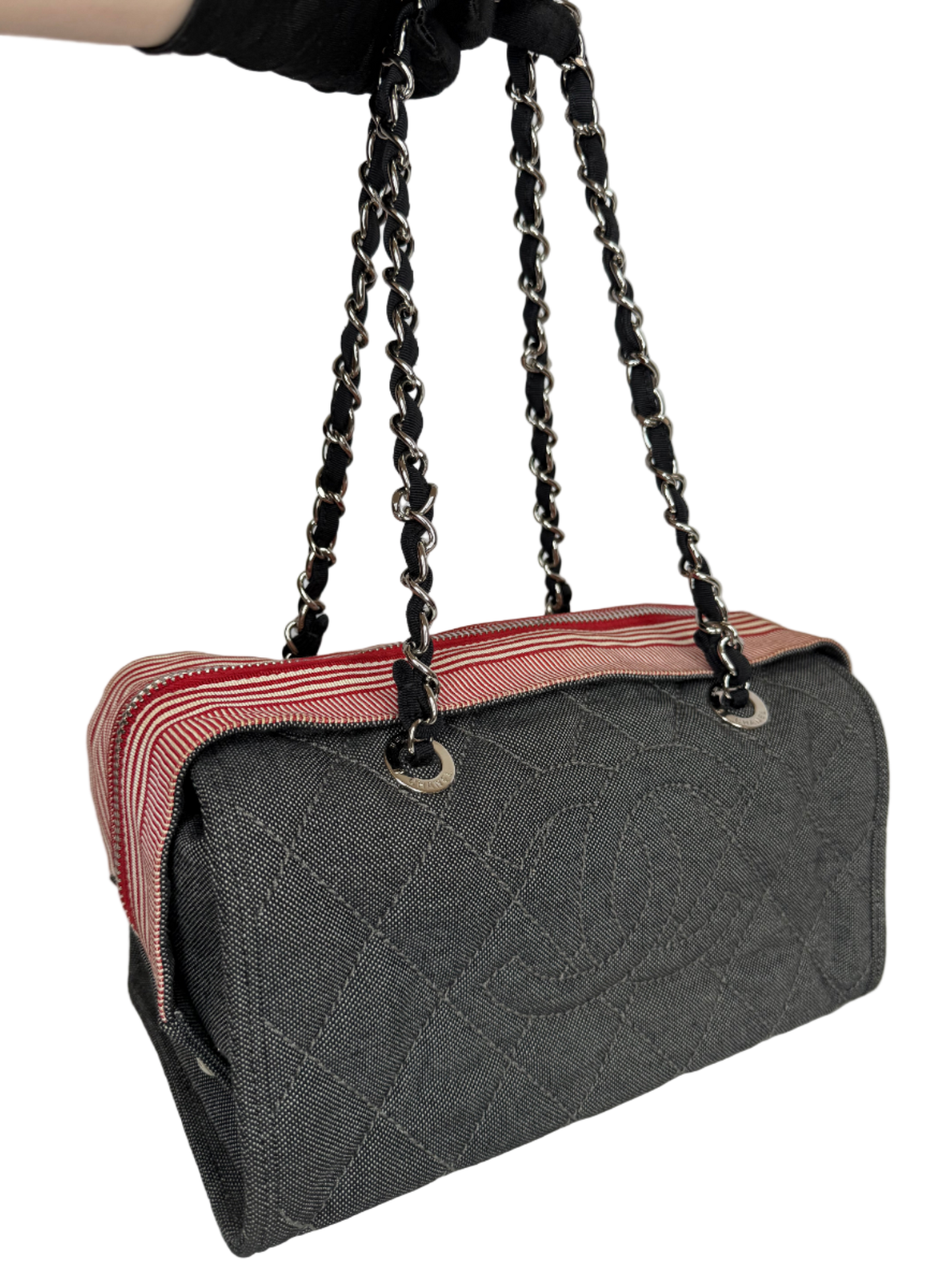 Chanel Blue/Red Quilted Denim CC Bowler Shoulder Bag