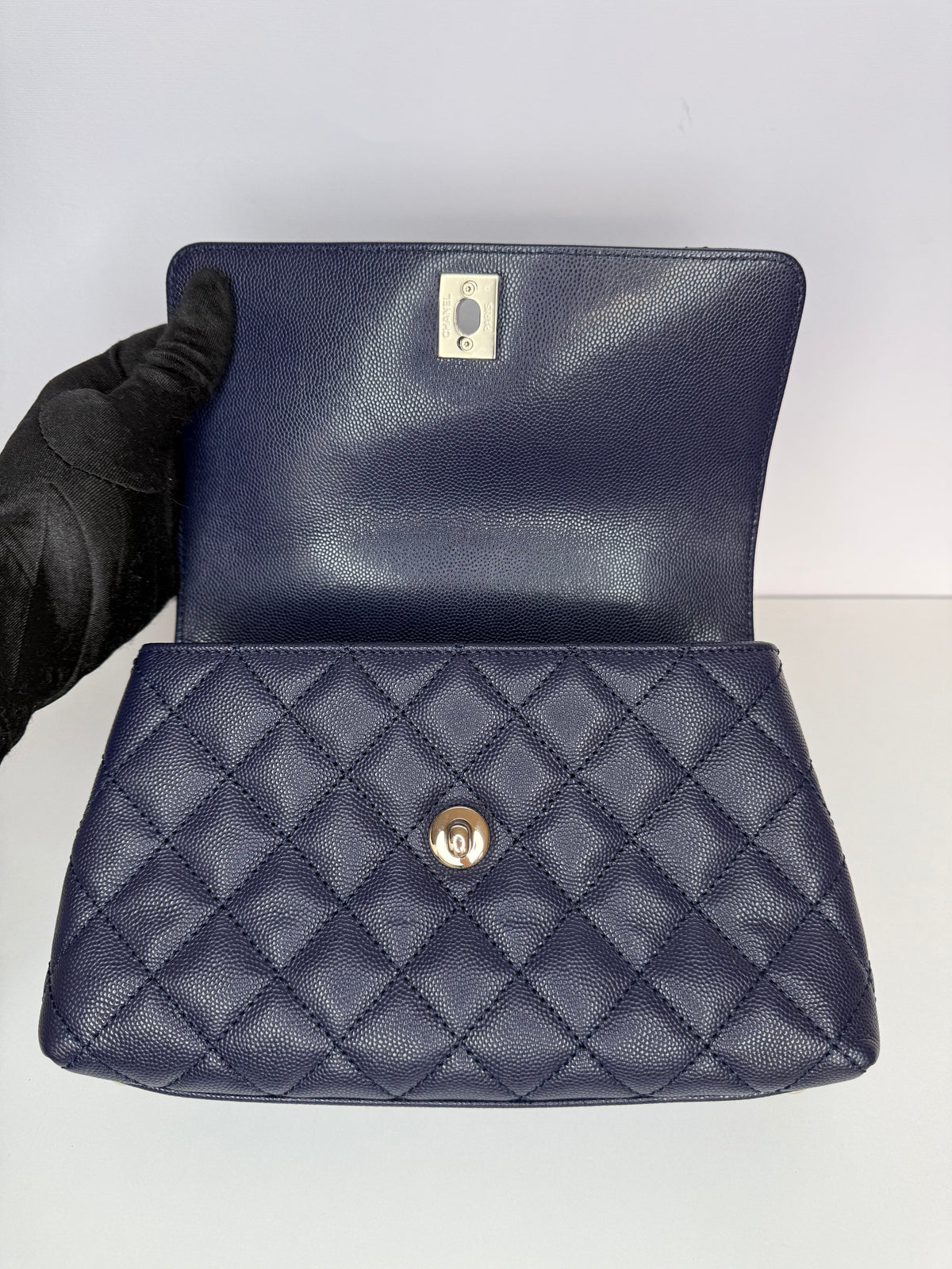 Chanel Coco Handle Small Blue Caviar with Lizard Top Handle