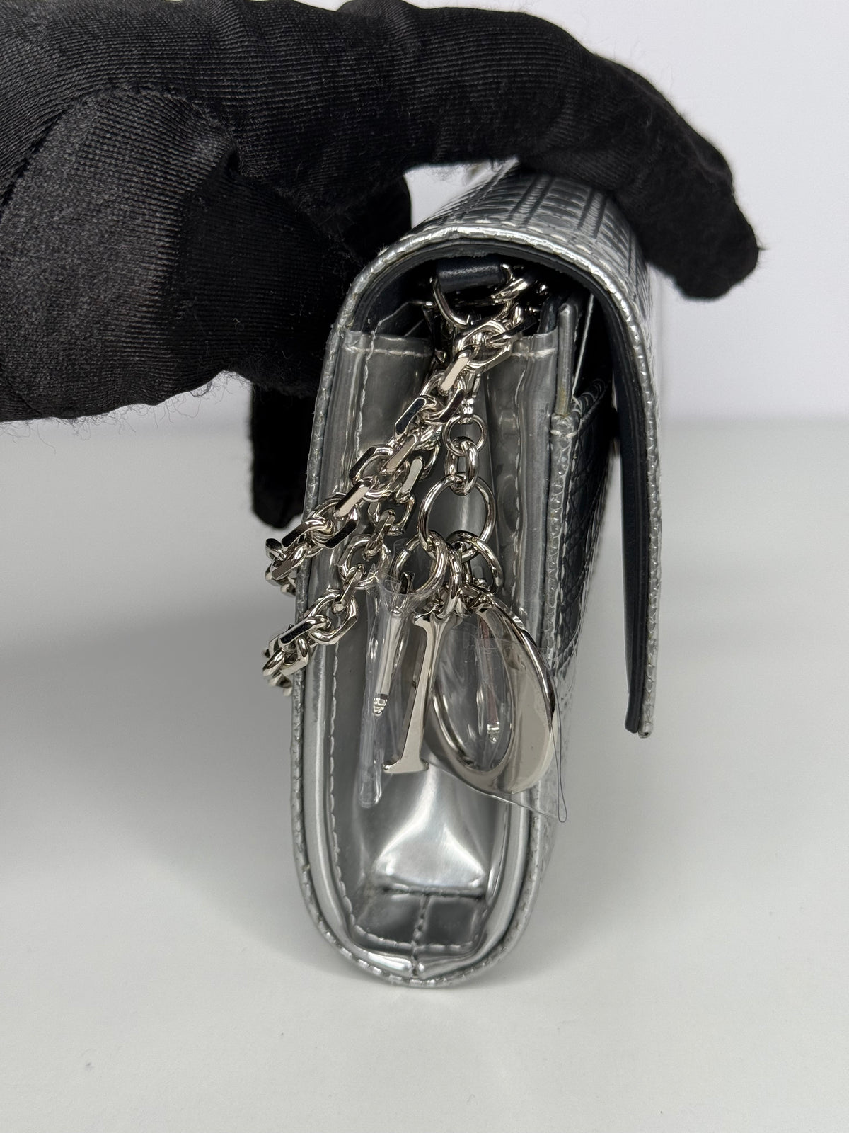 Christian Dior Lady Dior Croisiere Perforated Wallet on Chain in Silver