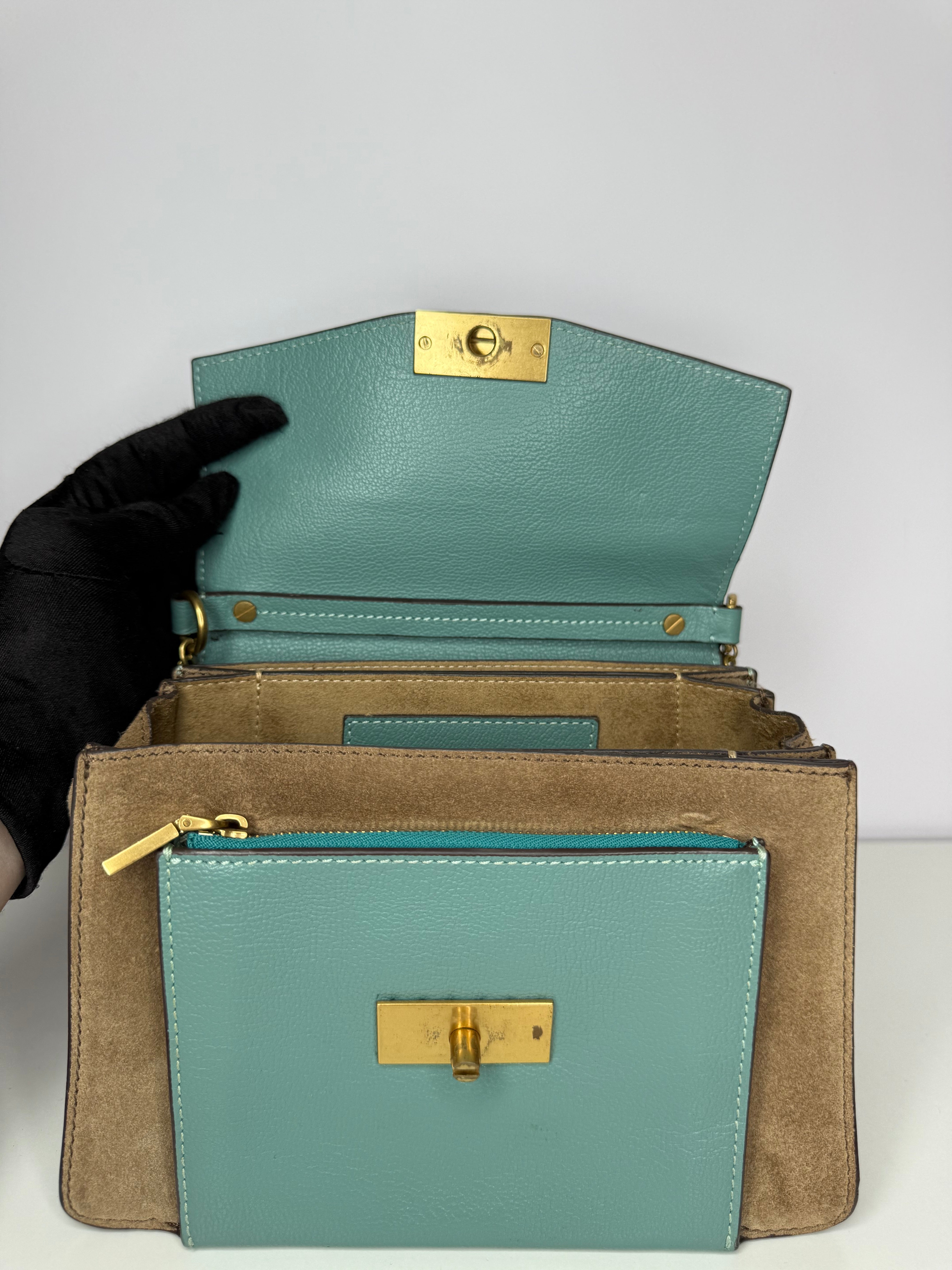 Givenchy GV3 in Light Blue Sugar Goatskin Tan Suede Trim Small Crossbody Bag