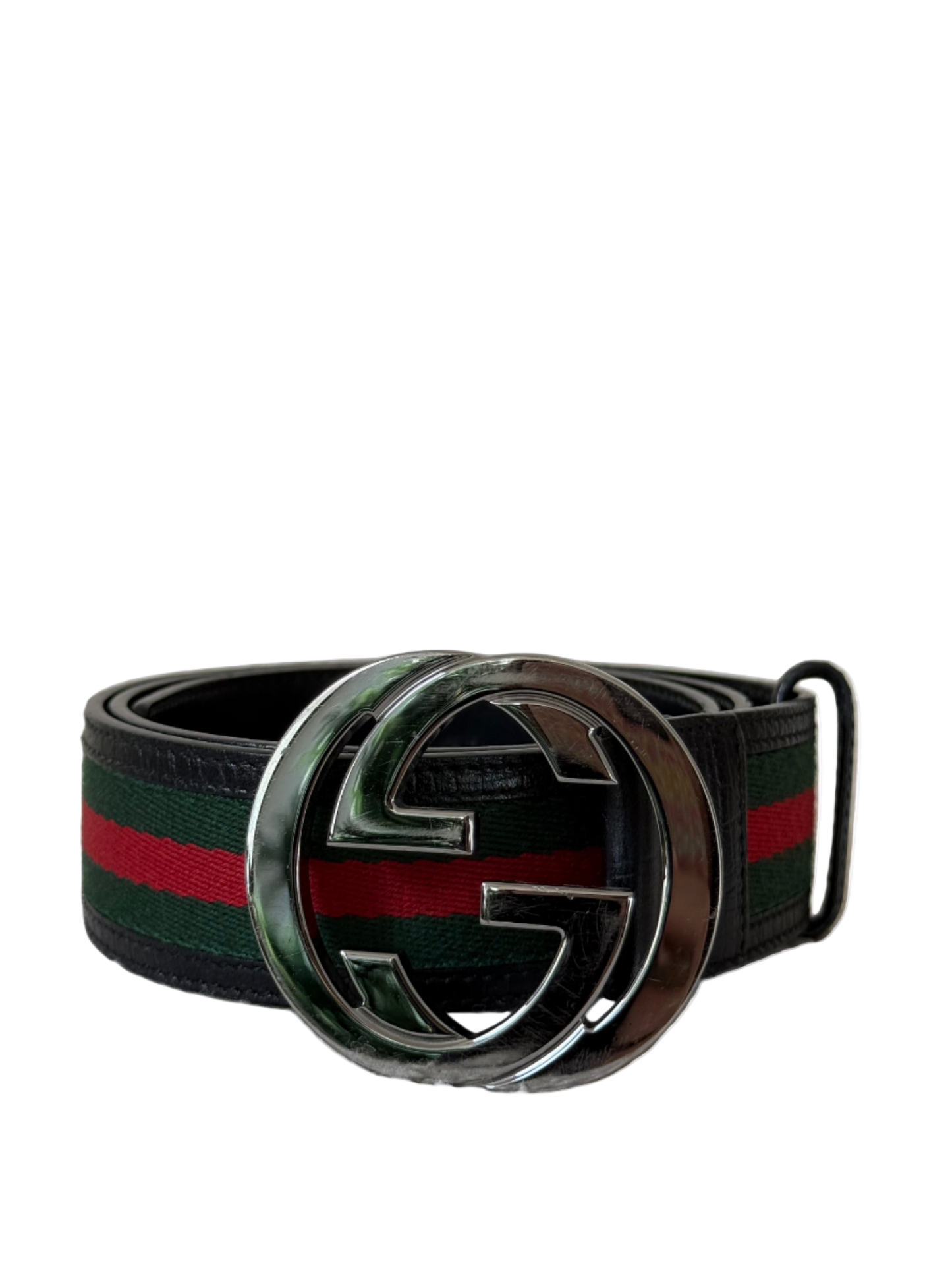 Gucci Green/Red Web Fabric and Leather Interlocking GG Buckle Belt