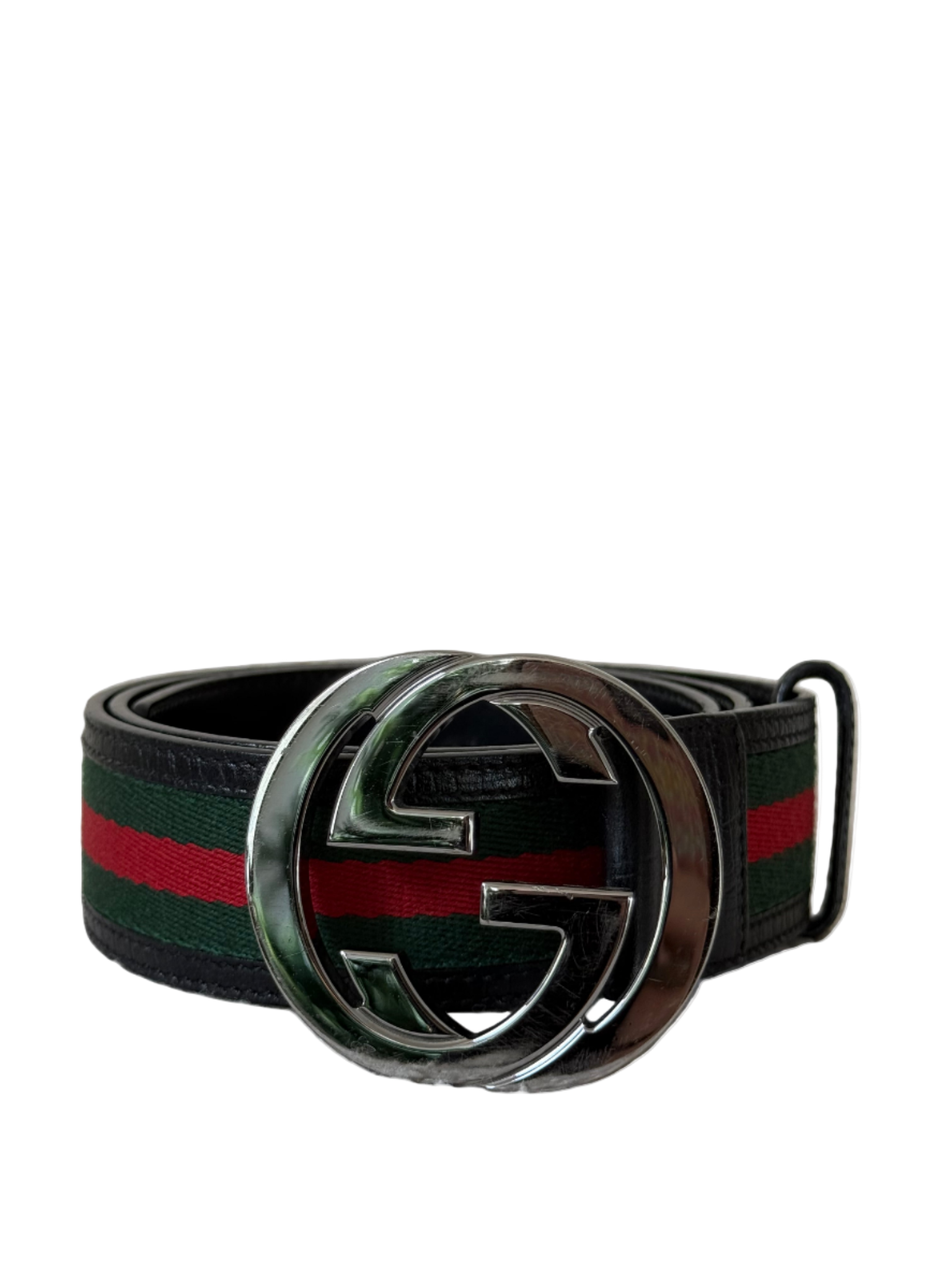 Gucci Green/Red Web Fabric and Leather Interlocking GG Buckle Belt