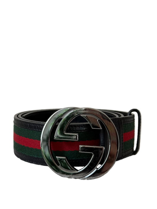 Gucci Green/Red Web Fabric and Leather Interlocking GG Buckle Belt