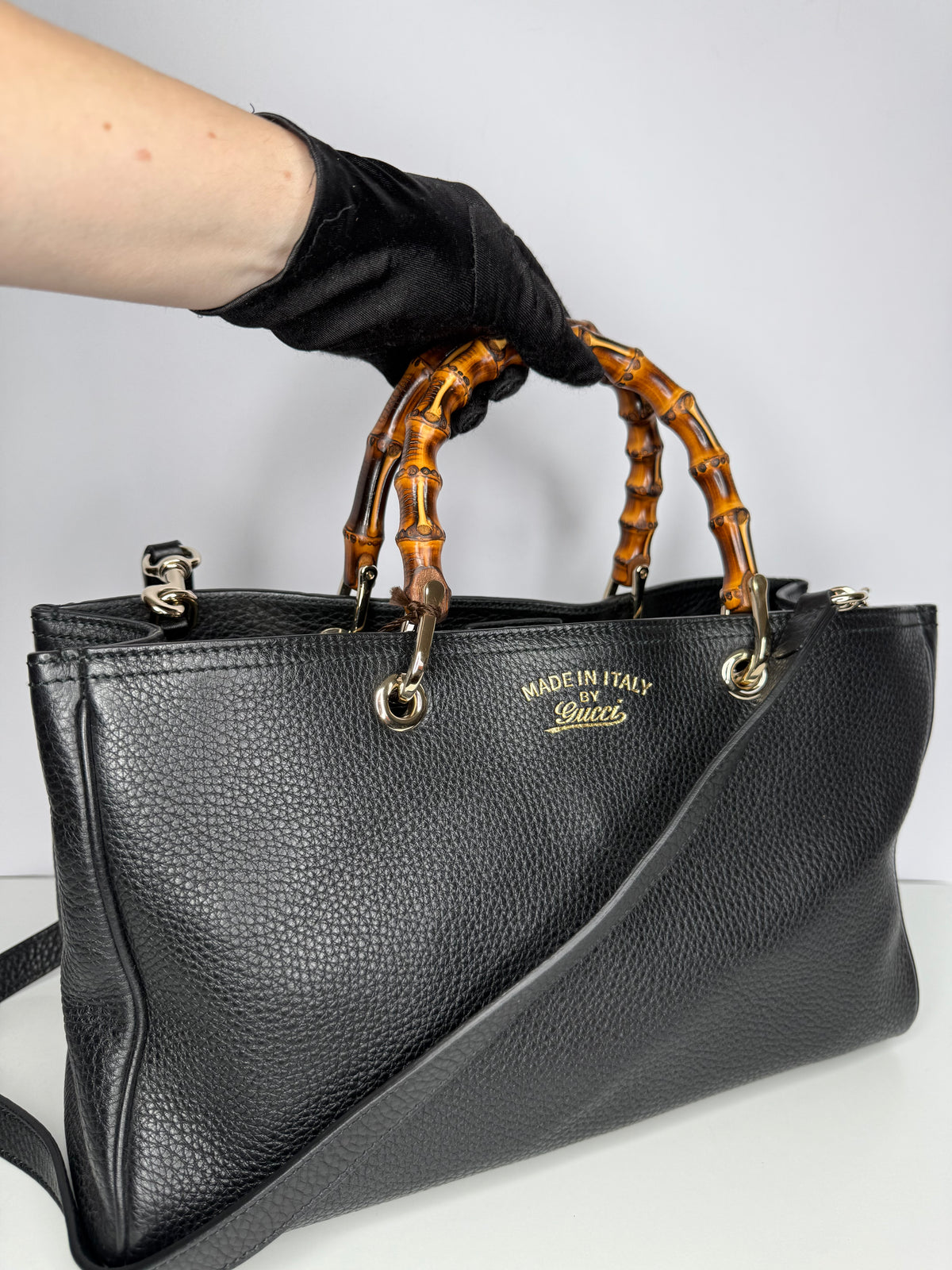 Gucci Black Pebbled Leather Bamboo Top Handle Medium Tote Bag