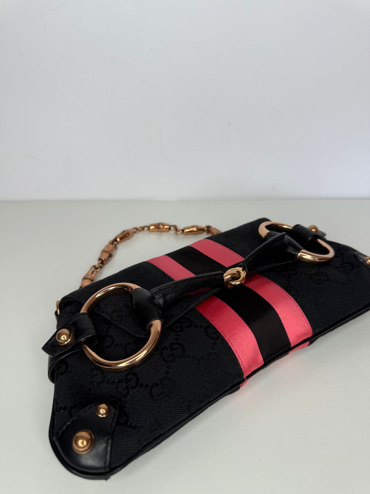 Gucci Vintage Tom Ford Era Black/Pink GG Canvas Horsebit Chain Clutch Rose Gold