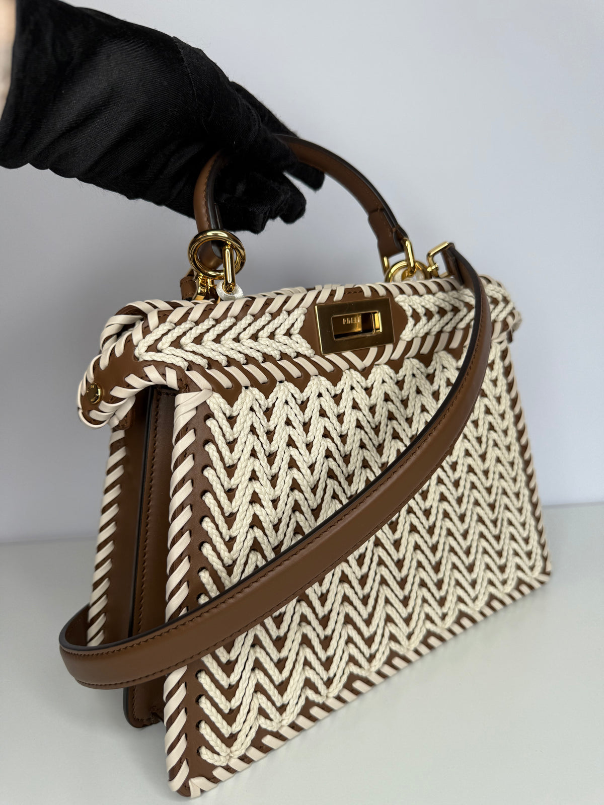 Fendi Peekaboo ISeeU Small Brown Calfskin Waxed Cord Interlacing