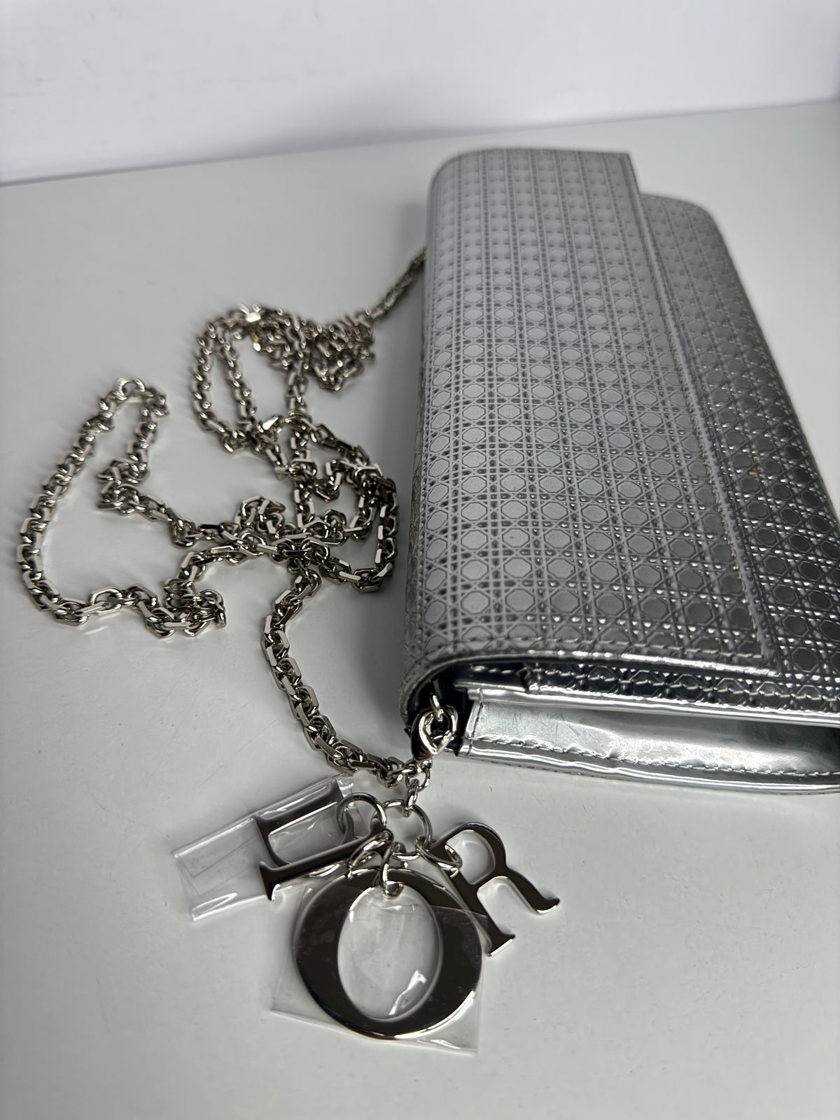 Christian Dior Lady Dior Croisiere Perforated Wallet on Chain in Silver