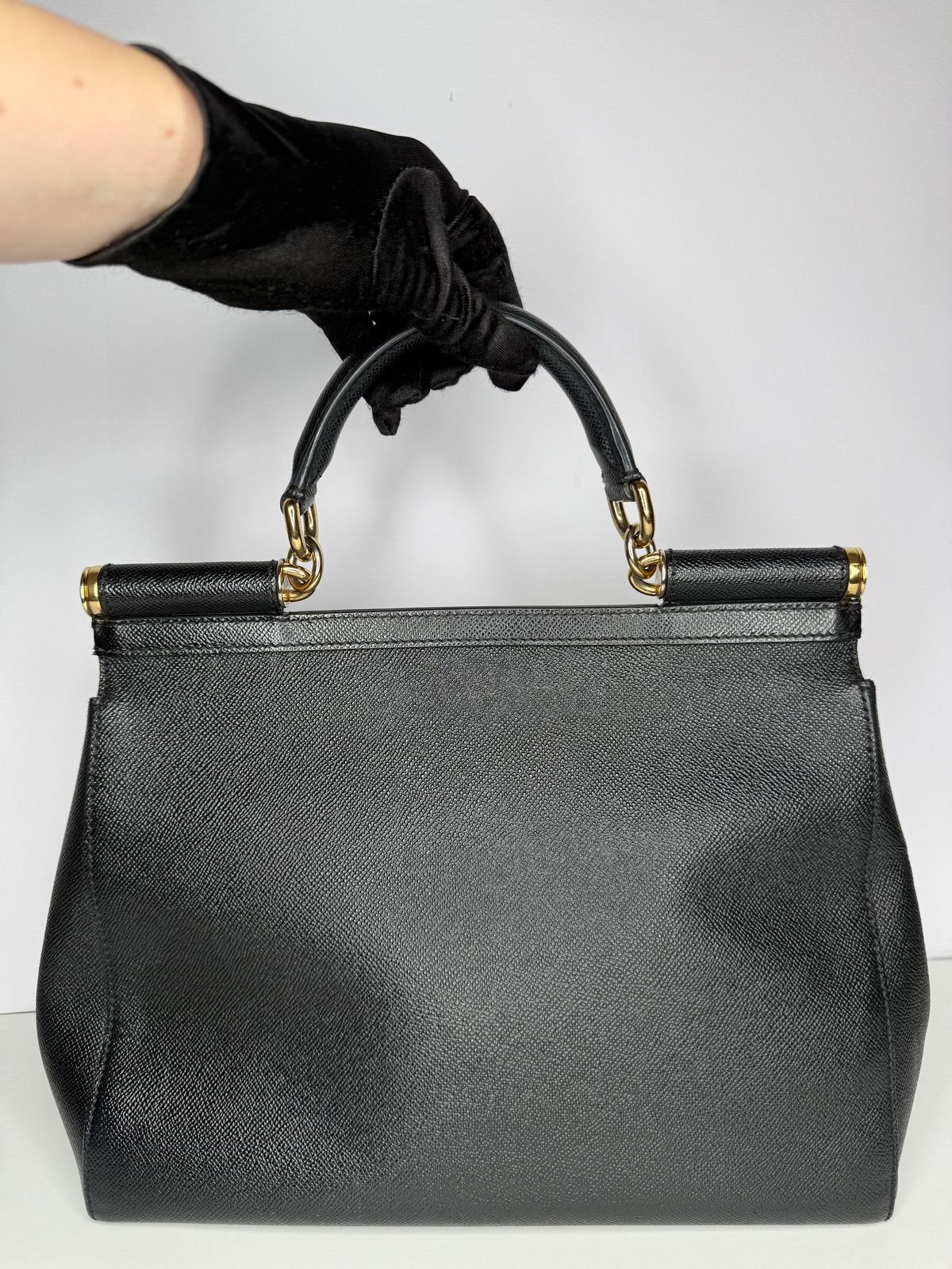 Dolce Gabbana Large Miss Sicily Black Dauphine Leather Top Handle Bag