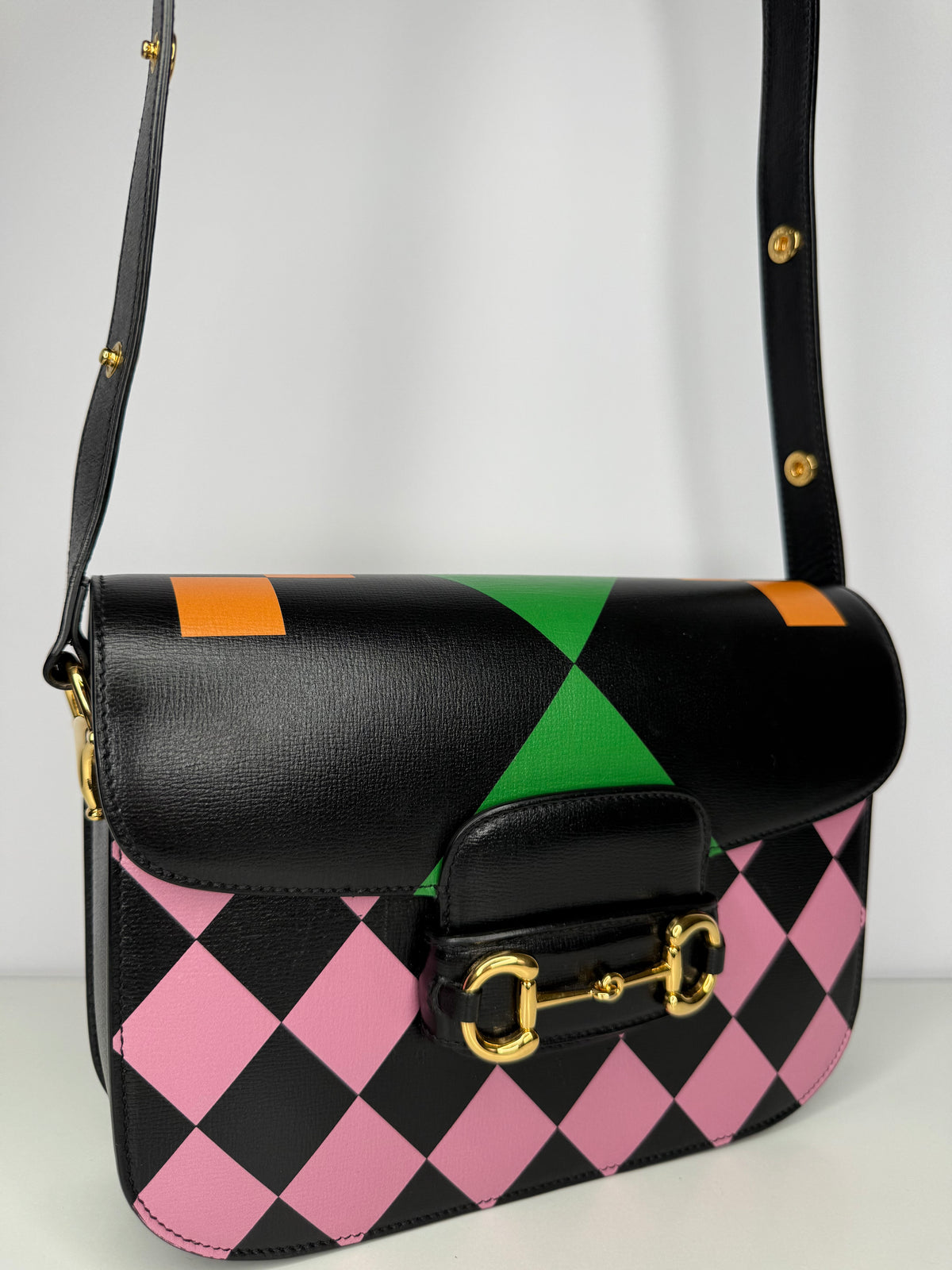 Gucci Horsebit 1955 Multicolor Geometric Pattern on Black Leather Shoulder Bag