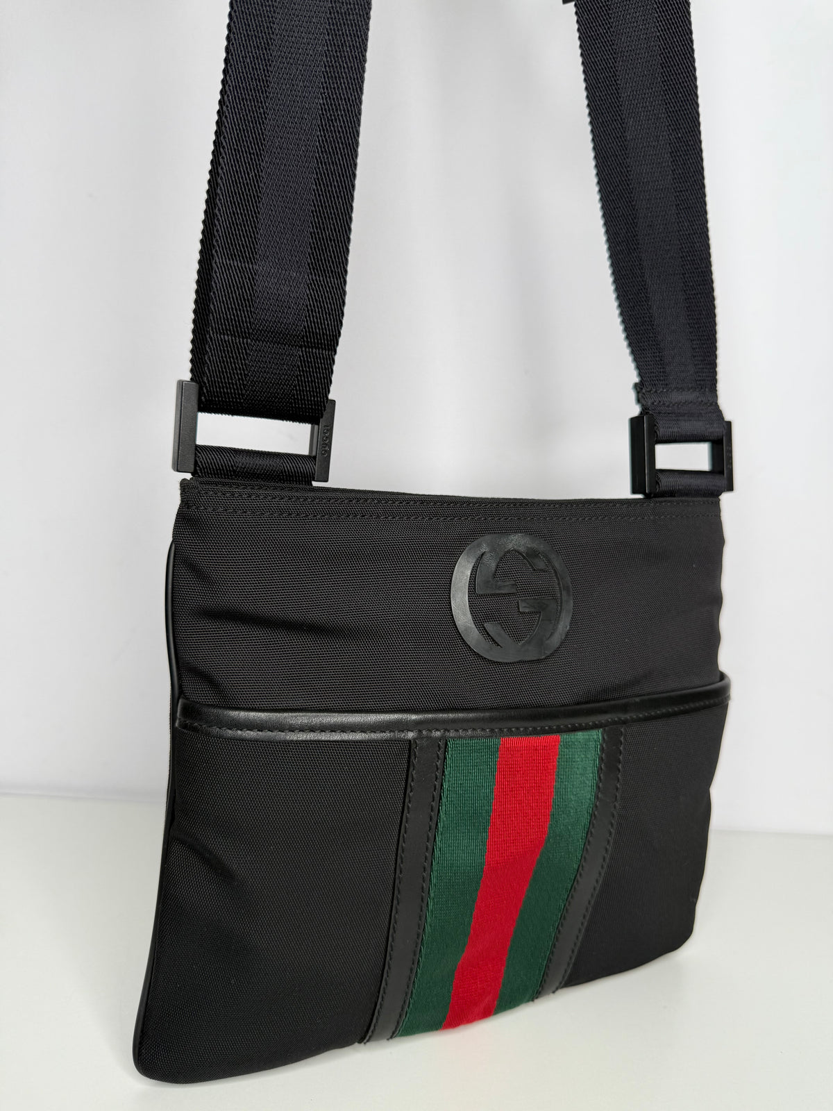 Gucci Men’s Nylon Web Interlocking G Messenger Bag Black