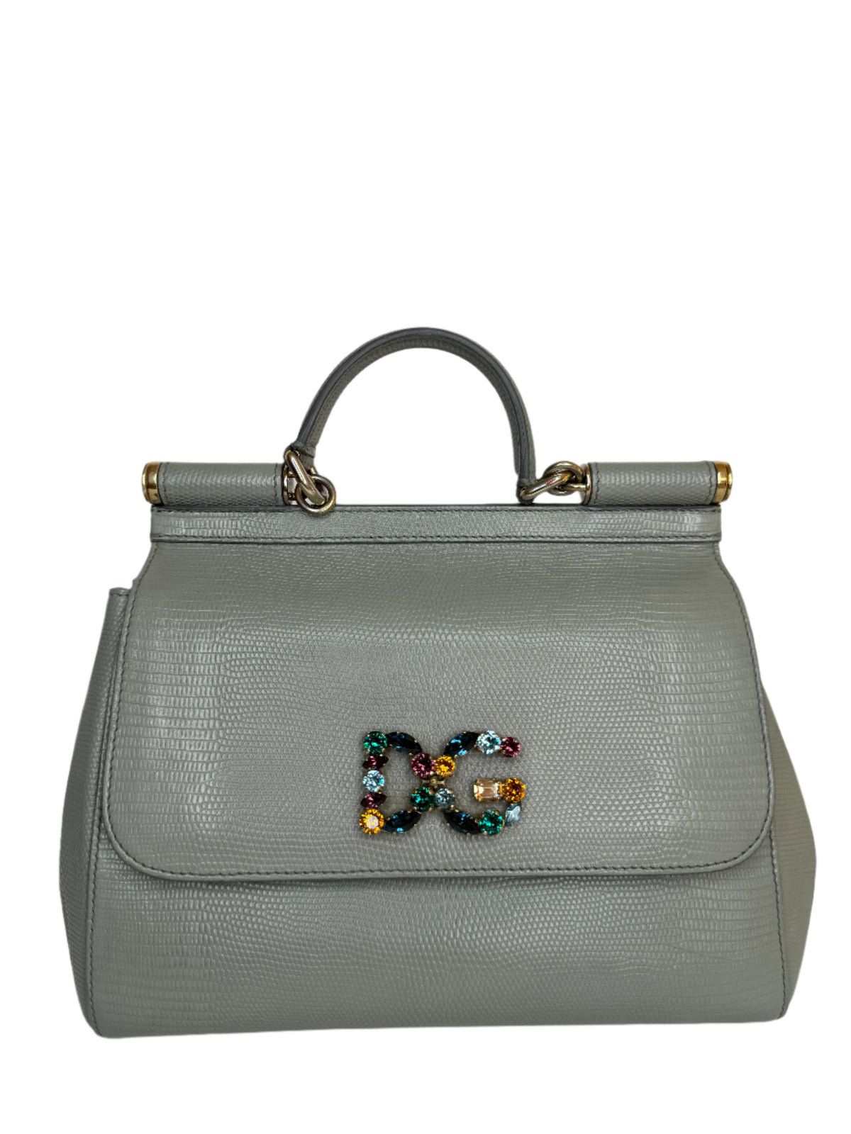 Dolce Gabbana Grey Lizard Embossed Leather Medium Miss Sicily Top Handle Bag