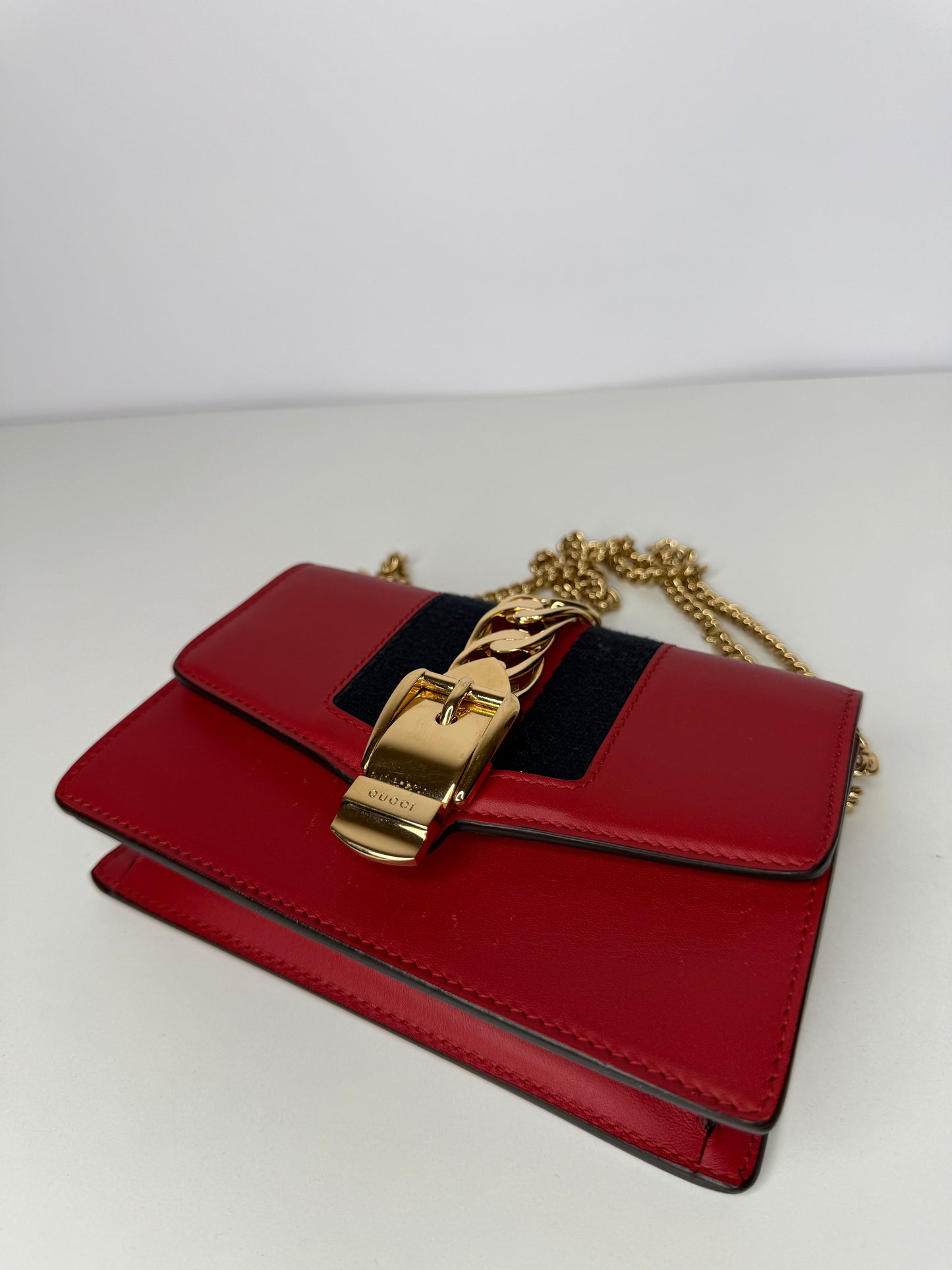 Gucci Mini Sylvie Red Leather Web Signature Chain Crossbody Bag